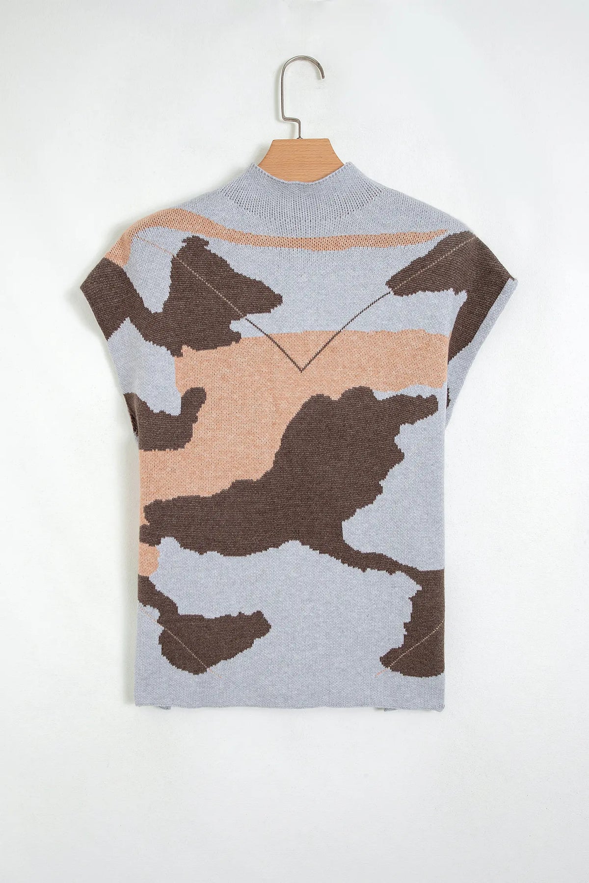 Camouflage Pattern Drop Shoulder High Neck Short Sleeve Shift Sweater – Grey