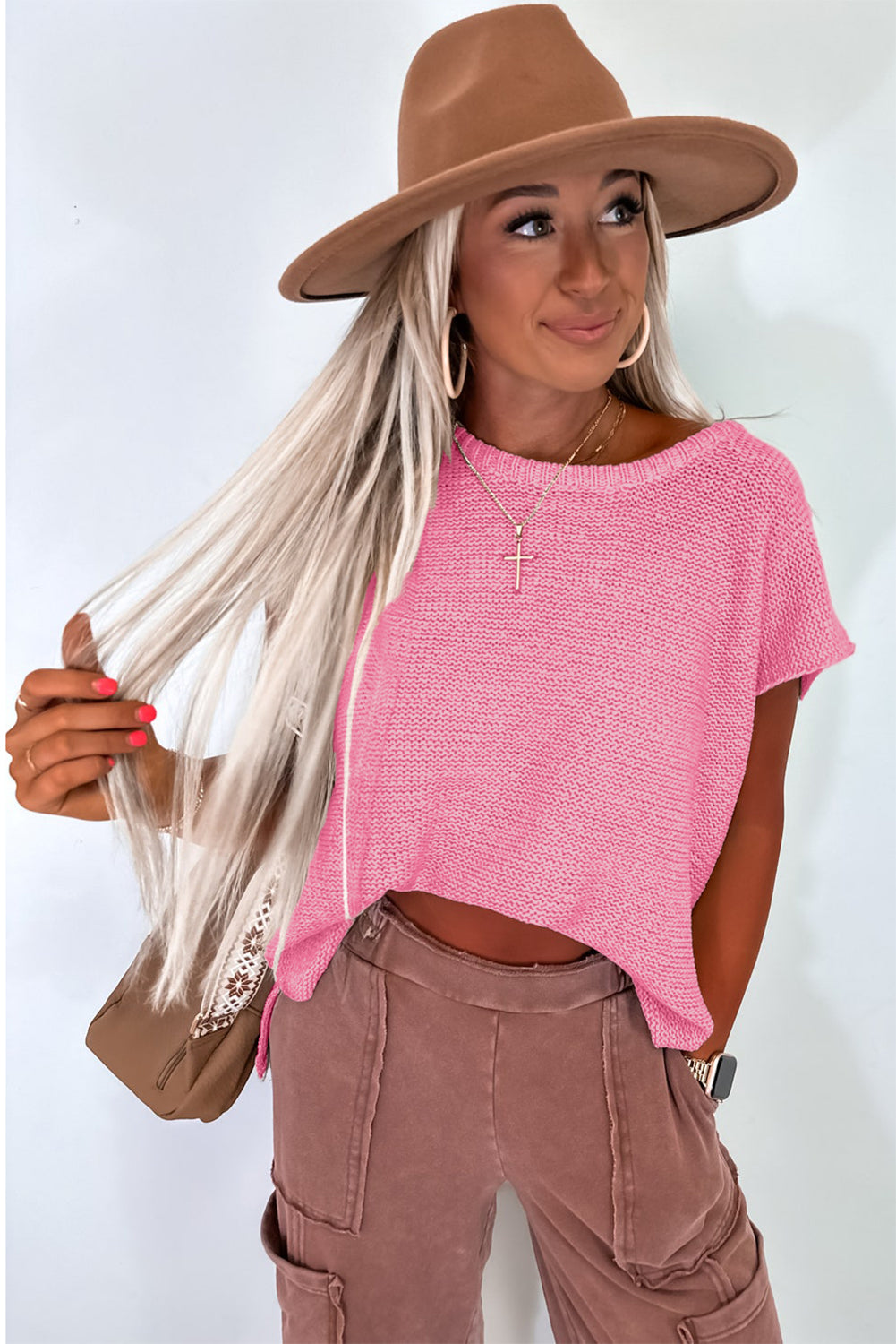 Sachet Pink Solid Color Sweater Tee with Side Slits BB Fashion Outlet