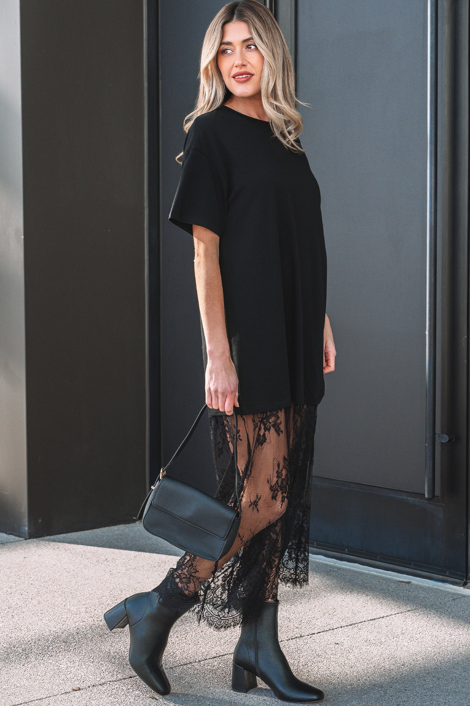 White Floral Patchwork Short Sleeve T-Shirt Loose Lace Maxi Dress