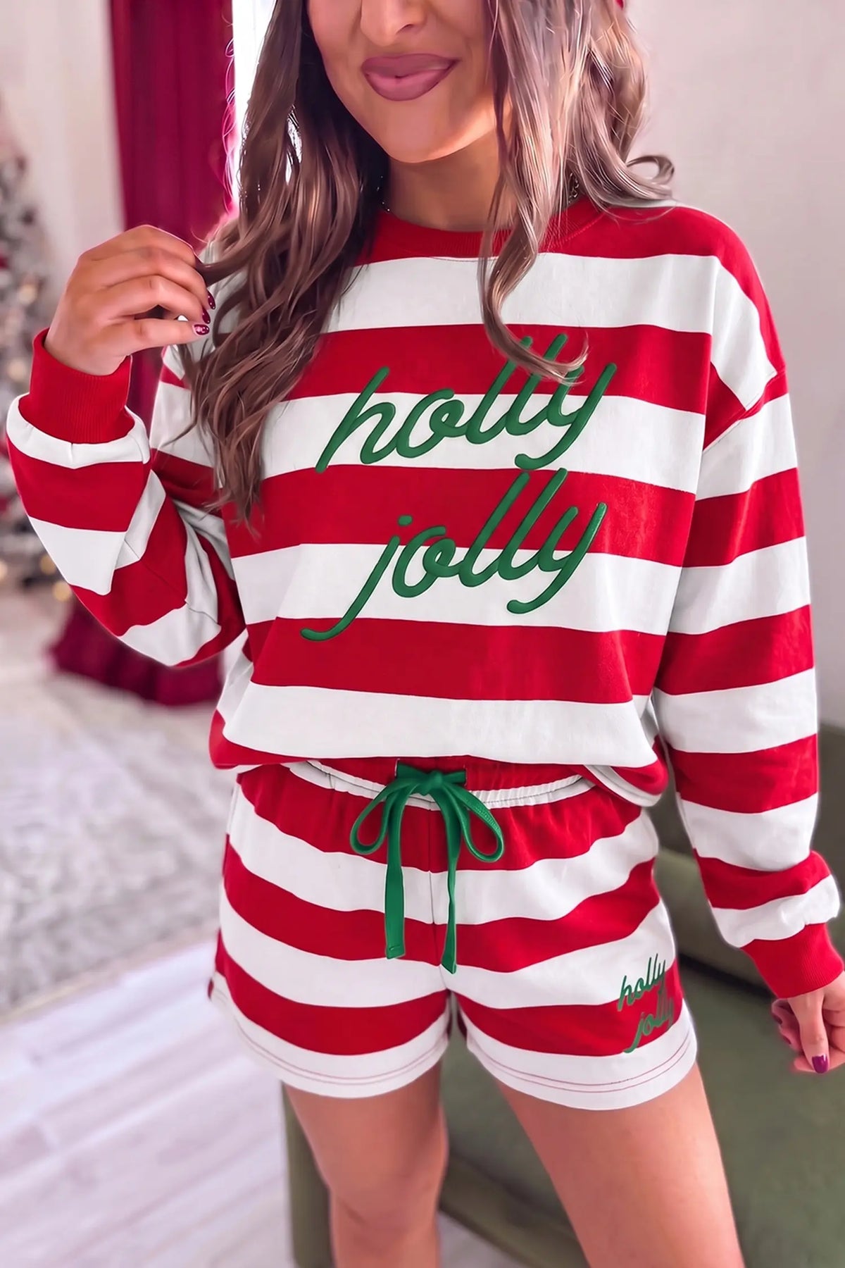 Co-ord Short Set Holly Jolly Embroidery Pullover & Shorts