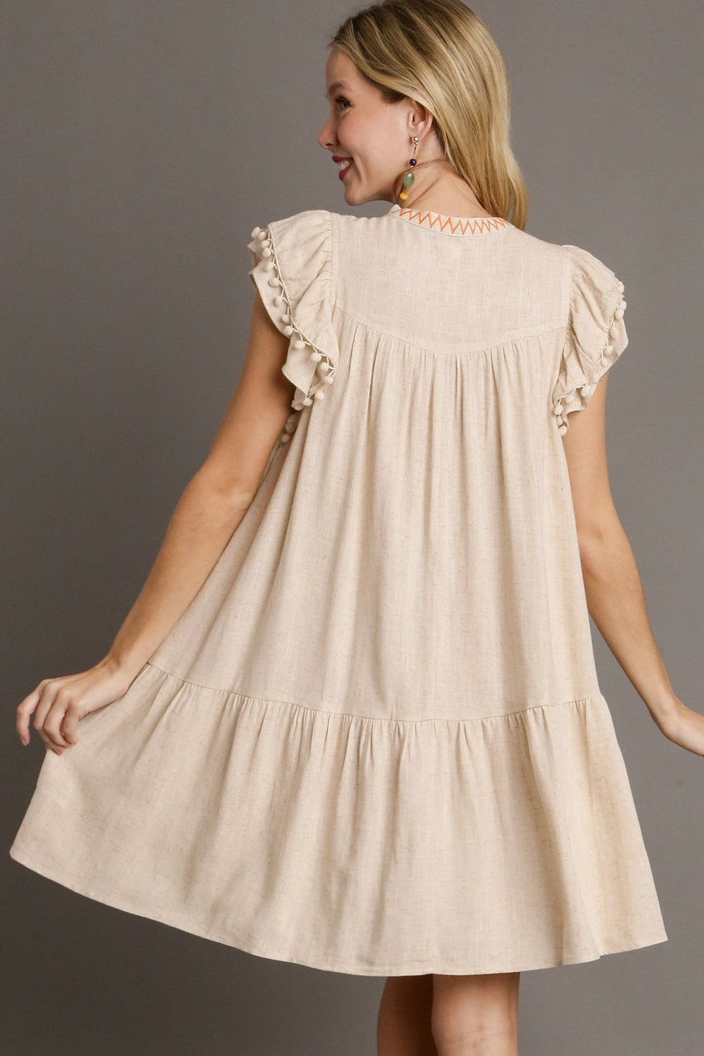 Jet Stream Linen Embroidery Split Neck Pom Pom Ruffle Sleeves Flowy Short Dress eAura