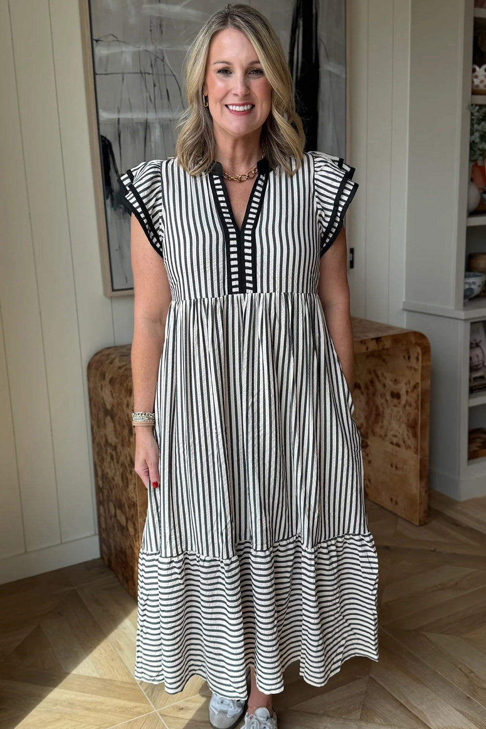 Striped Double Ruffled Short Sleeve Contrast Trim V-Neck Midi Dress