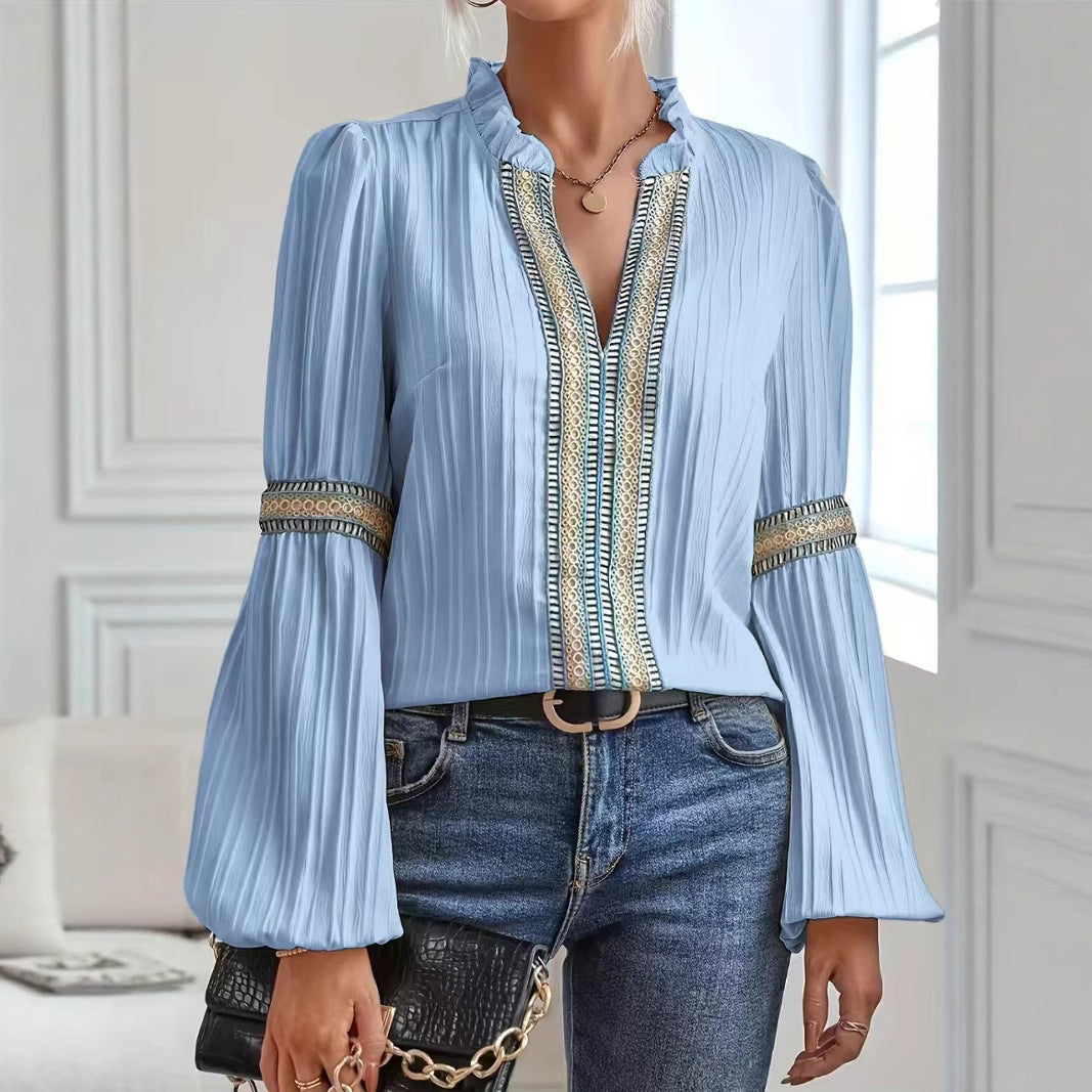 Lace Detail V-Neck Blouse Lantern Sleeve eprolo