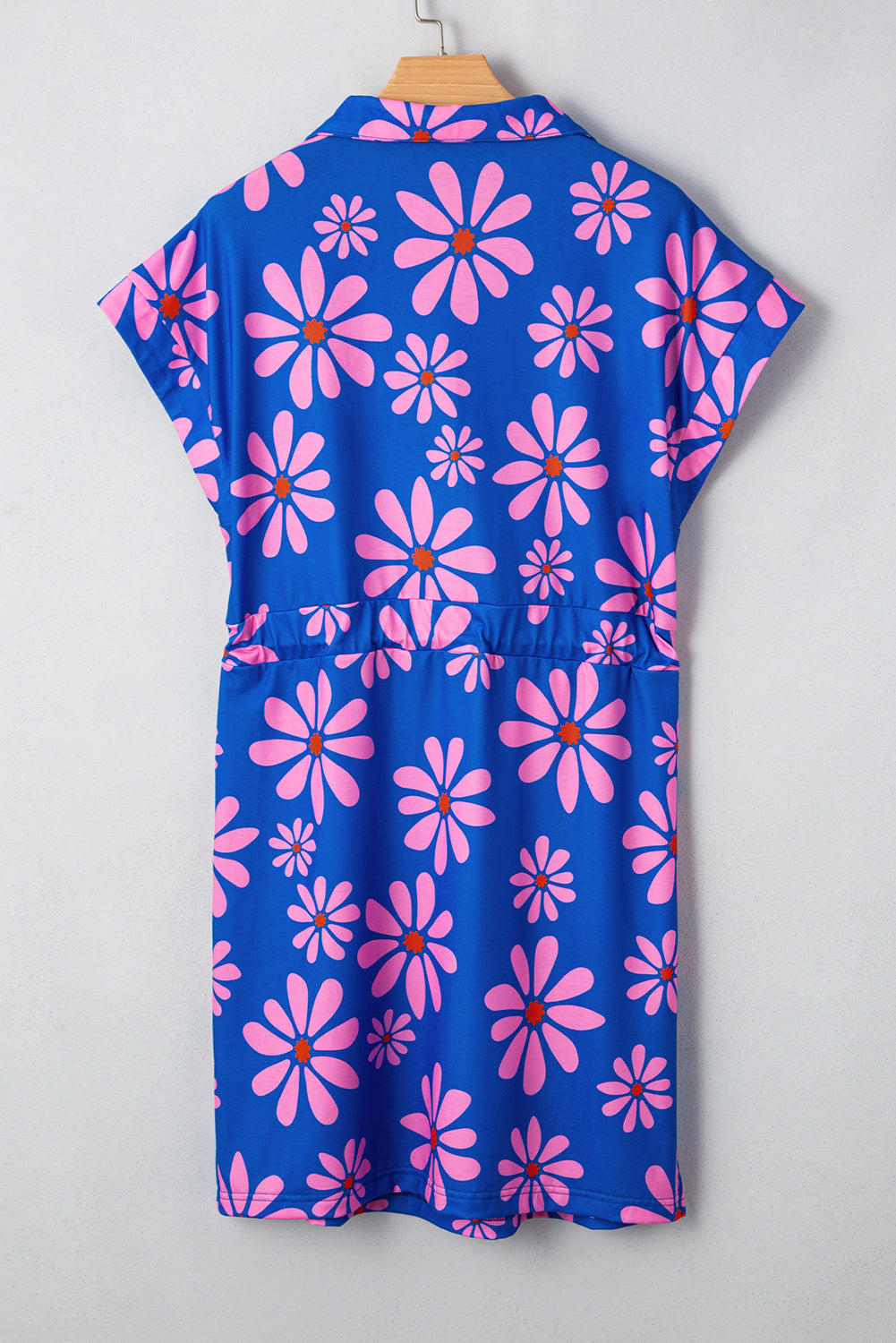Floral Striped Quarter Zip Cap Sleeve Drawstring Waist Mini Dress