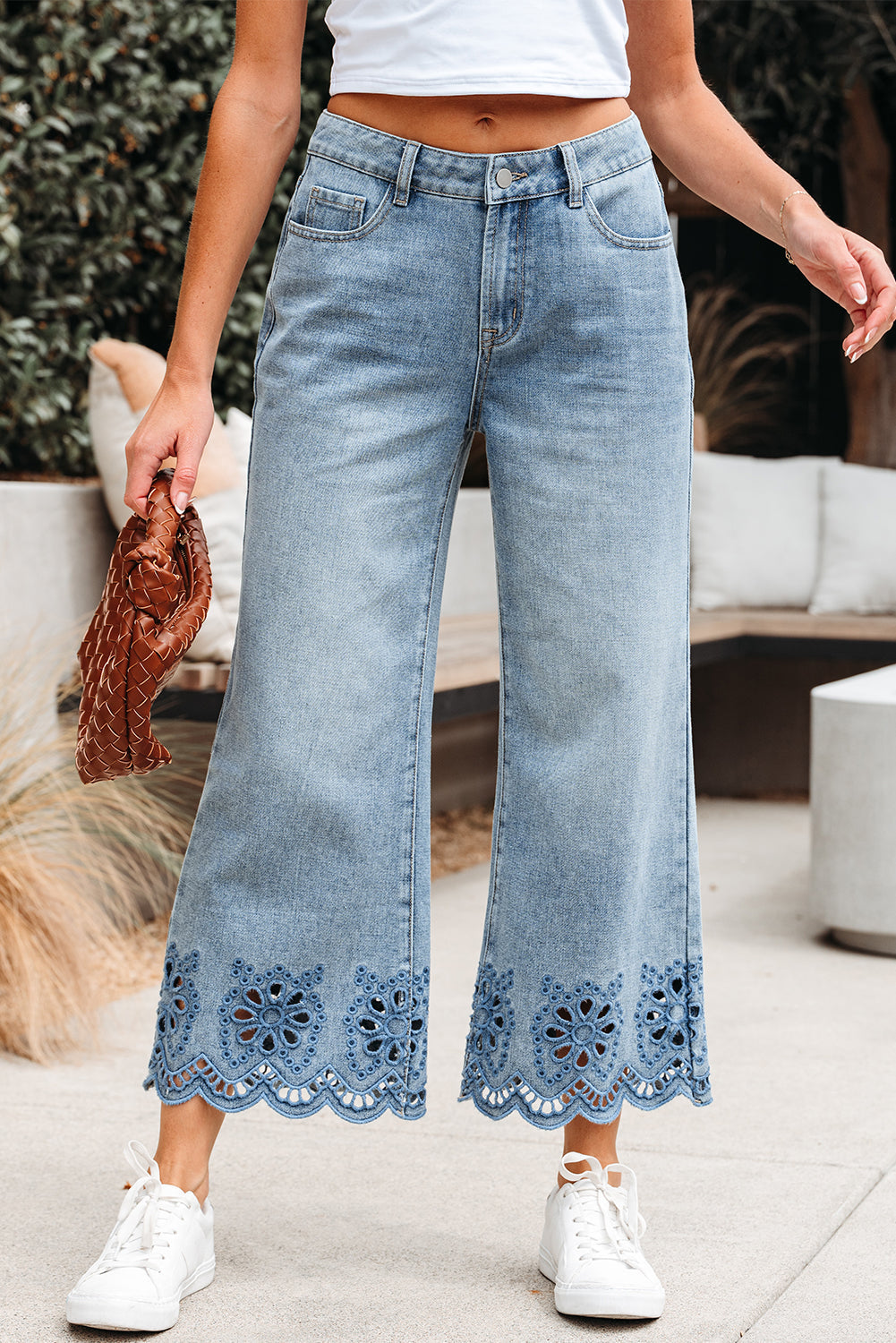 Embroidered Cropped Wide Leg High Waist Jeans - eAura