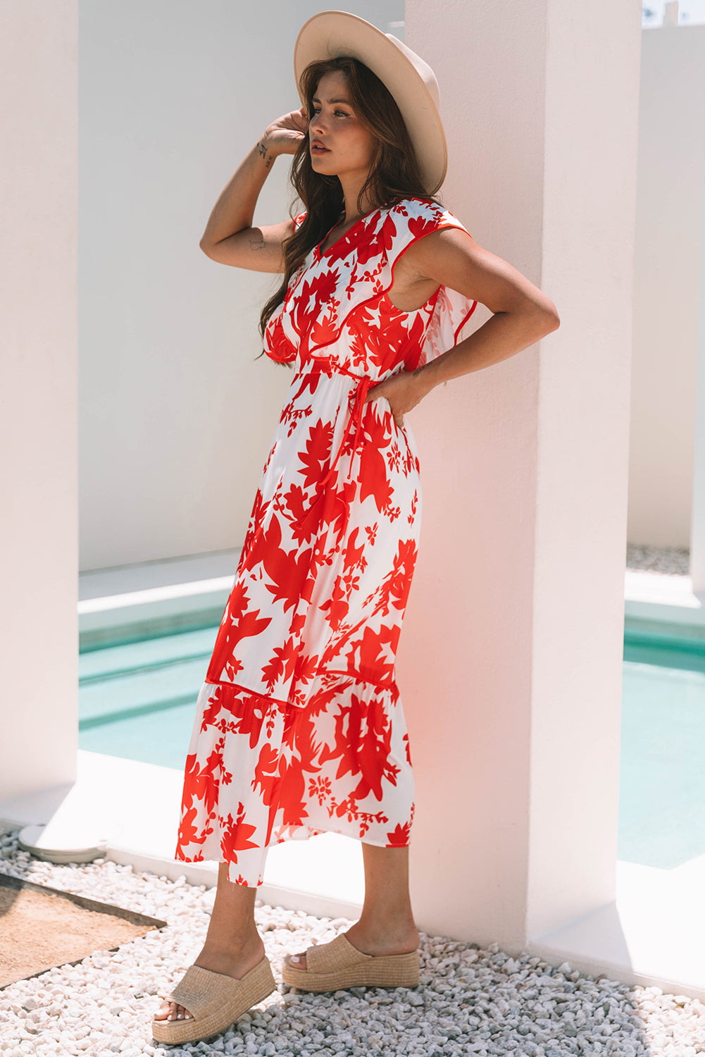 Red Floral Print Trimmed V-Neck Ruffle Sleeve Long Dress eAura