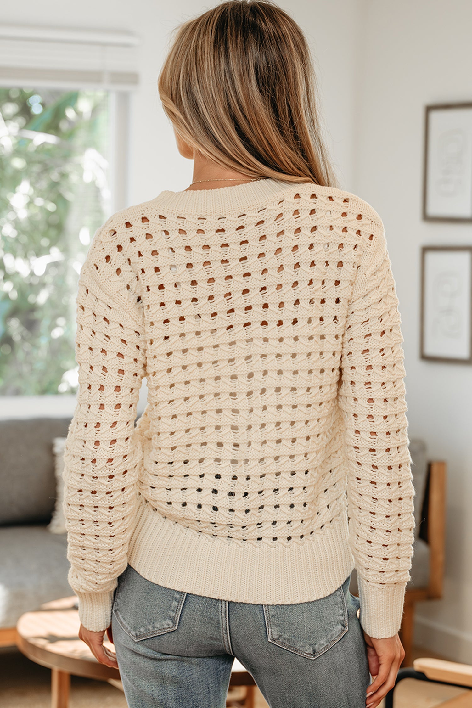 Beige Hollowed Knit Zip-Up Drop Shoulder Cardigan - Sweaters & Cardigans/Cardigans