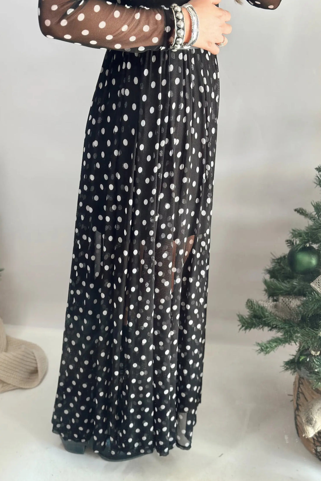 Polka Dot Pattern Mesh Long Sleeve Maxi Dress 2pcs Set