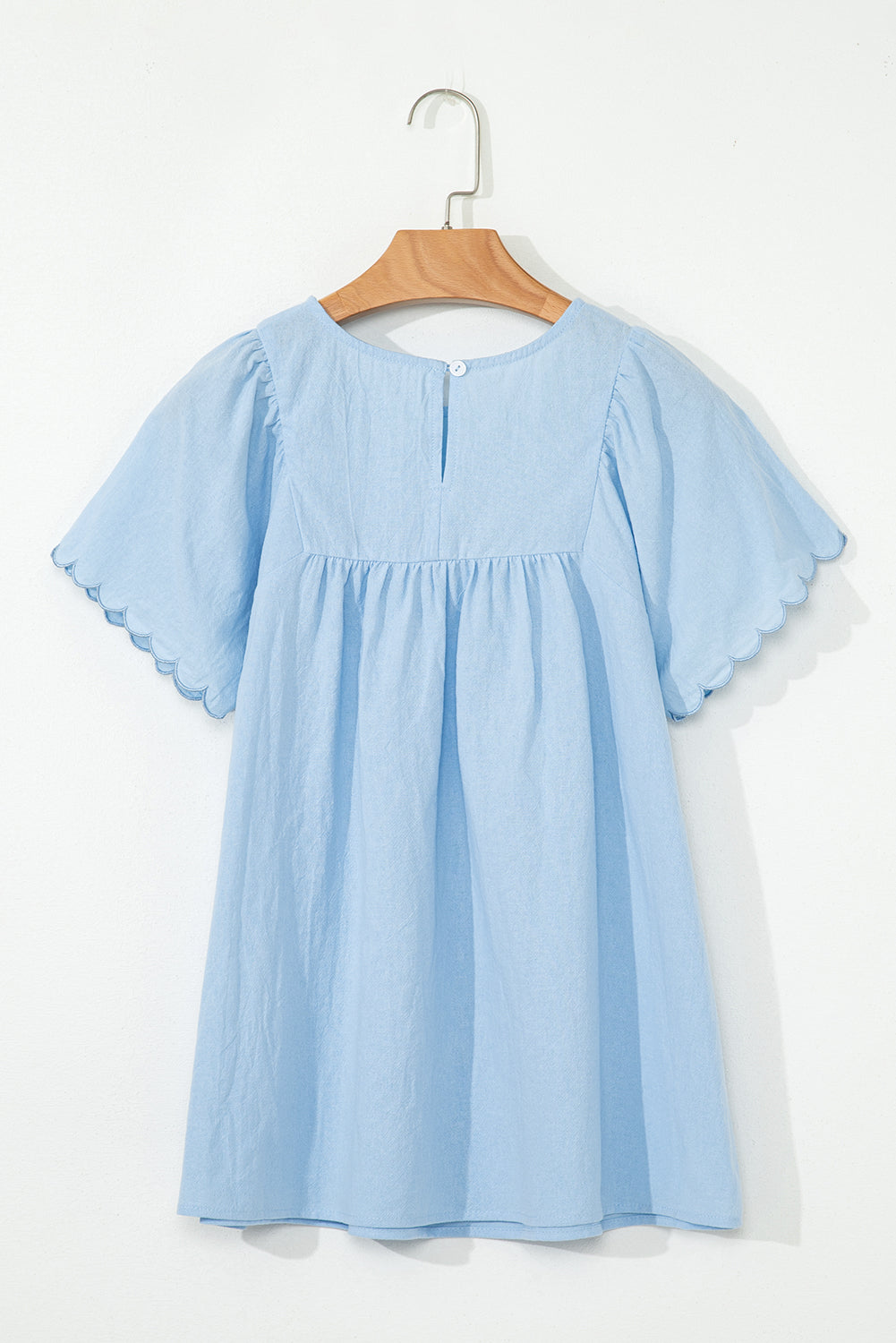 Beau Blue Solid Colour Embroidered Scalloped Sleeves Crew Neck Blouse eAura