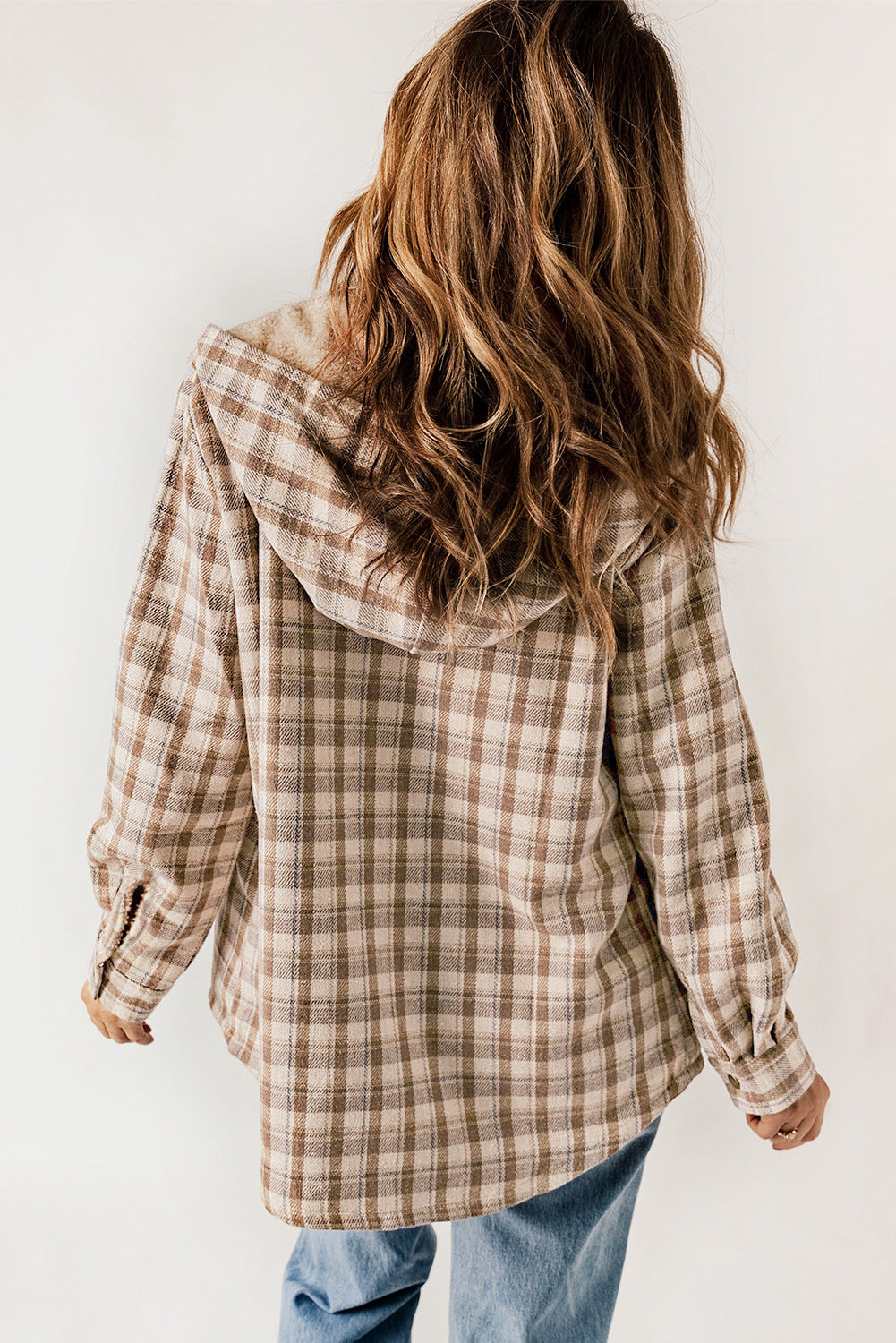 Khaki Plaid Pattern Sherpa Lined Hooded Shacket eAura