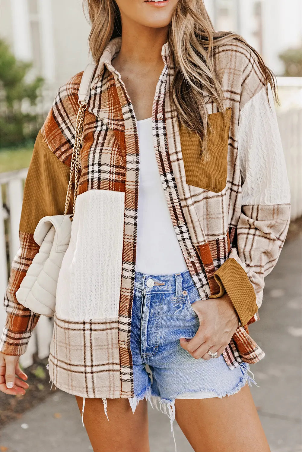 Orange Plaid Colour Block Patchwork Shirt Jacket with Pocket