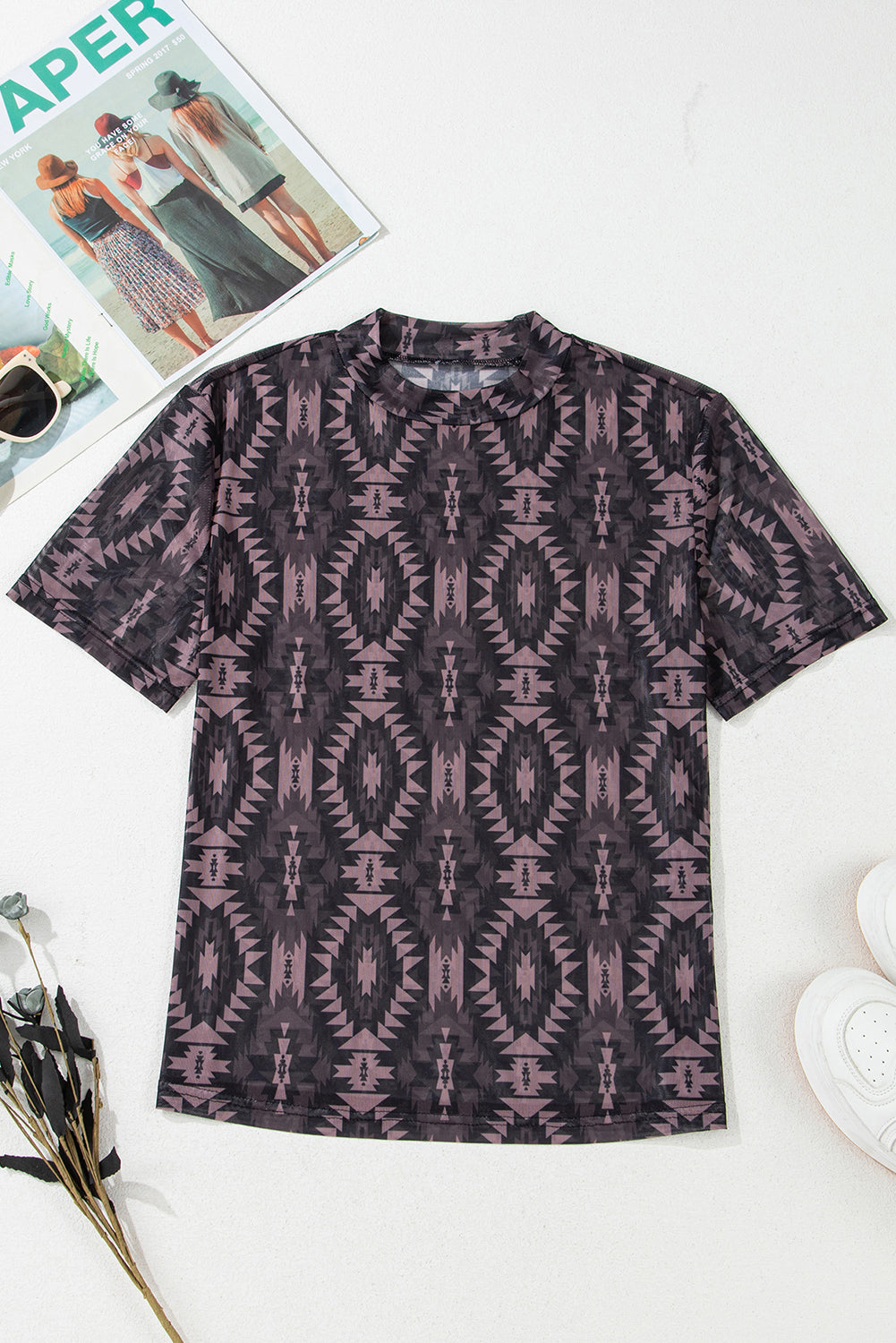 Aztec Print Mock Neck Short Sleeve Mesh T Shirt eAura