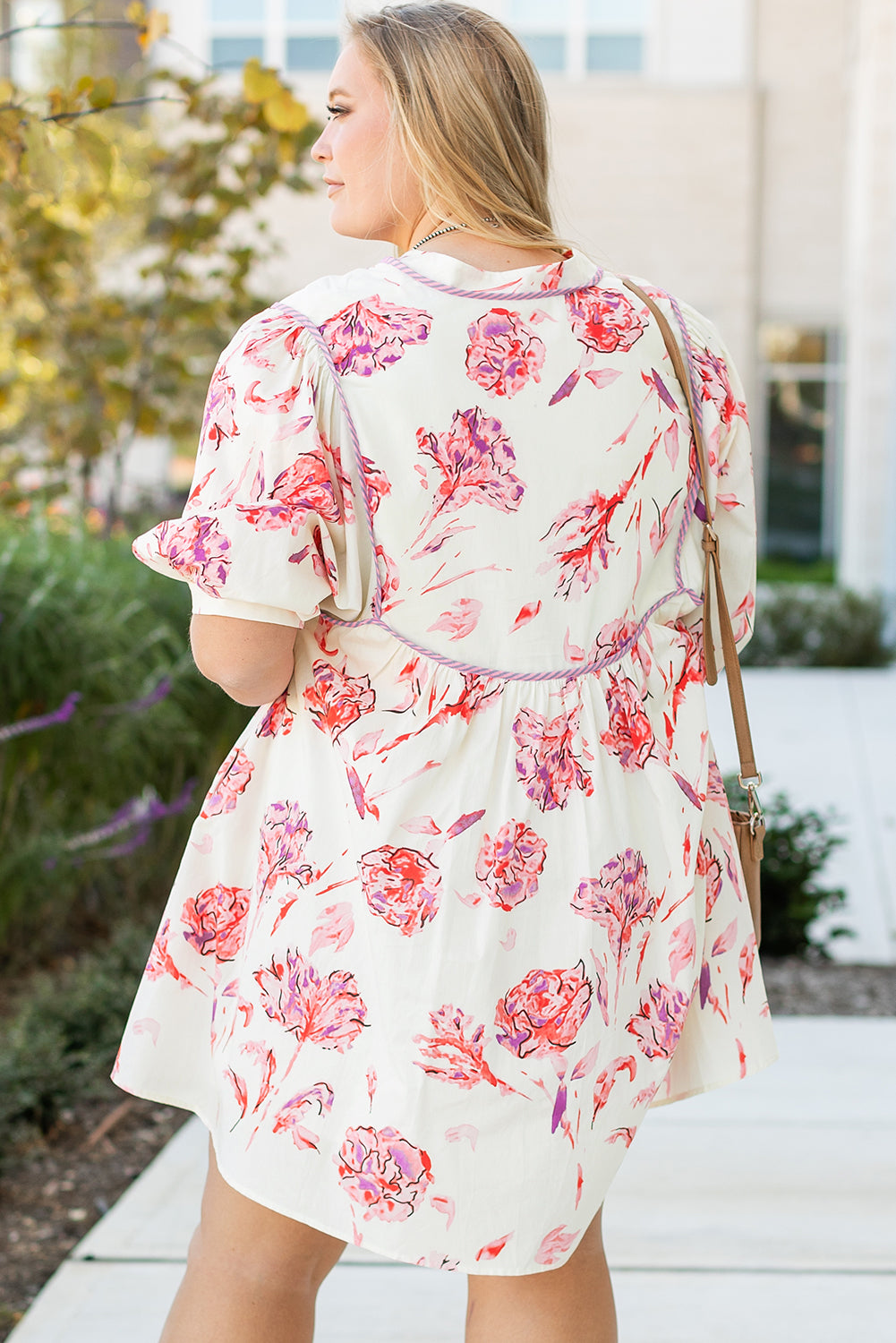 White Floral Print Lace up V Neck Balloon Sleeve Plus Size Shift Mini Dress BB Fashion Outlet
