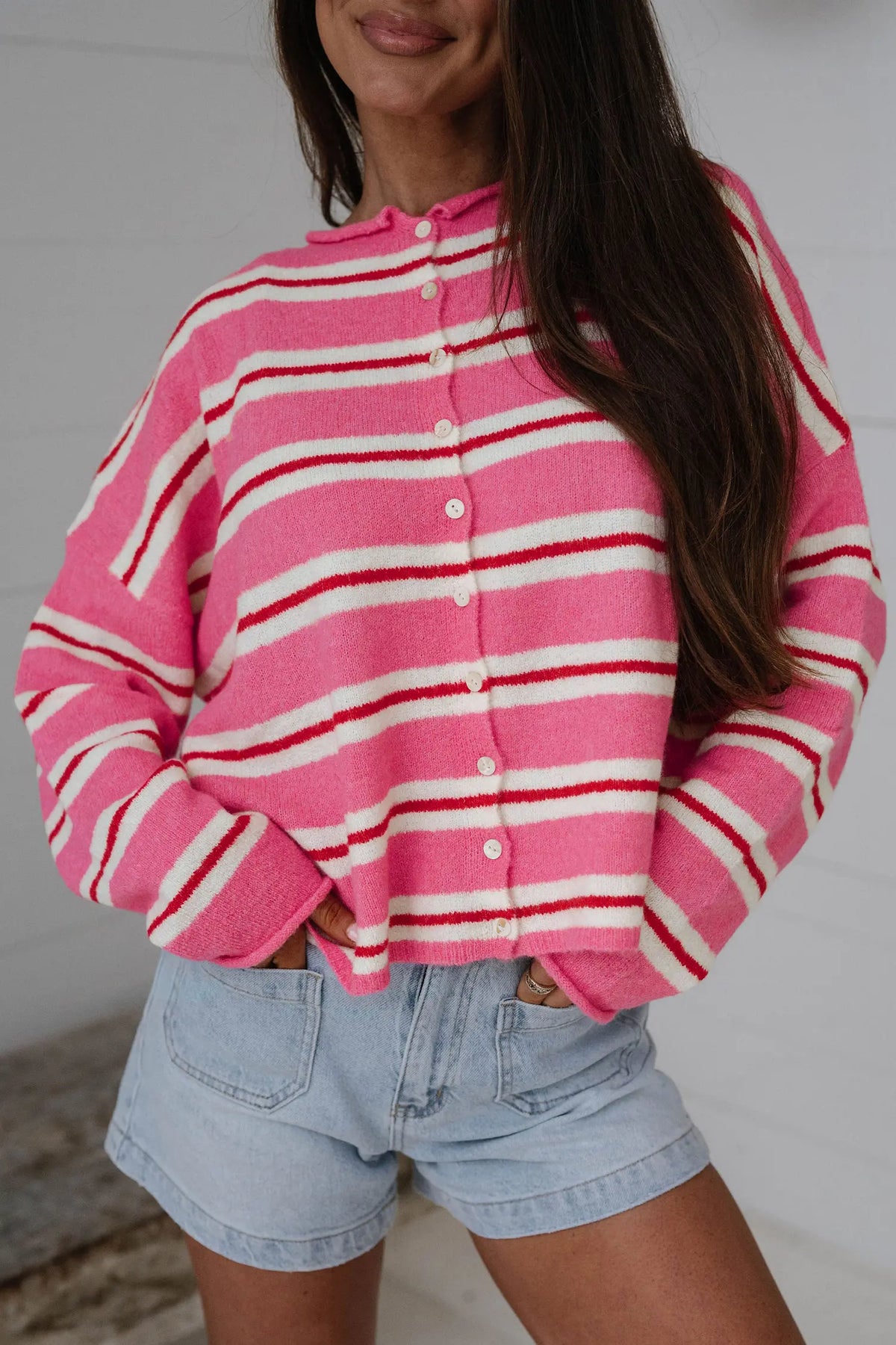 Striped Drop Shoulder Button Cardigan – Blue Stripe