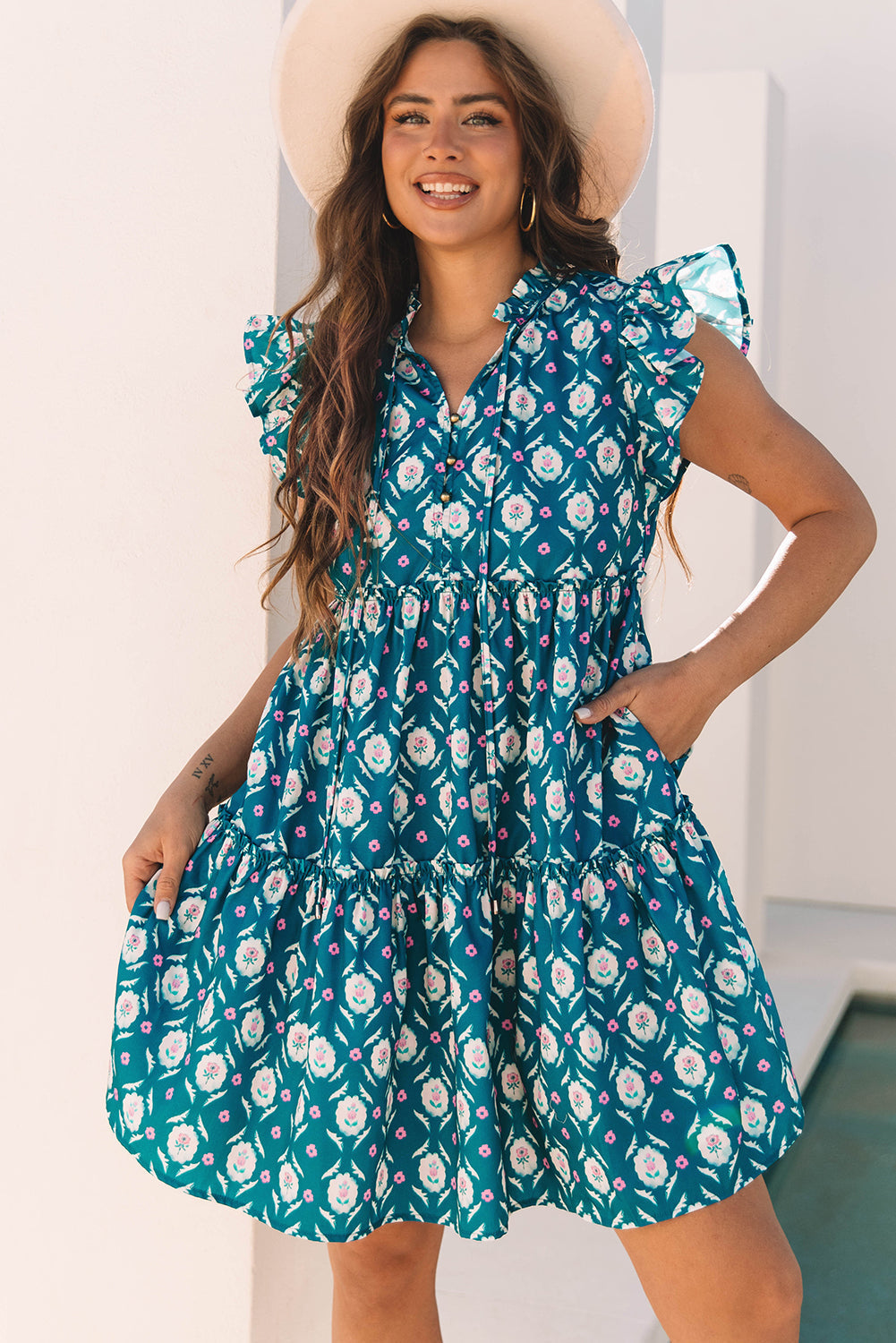 Blue Retro Floral Print Split Neck Ruffle Short Sleeve Dress eAura