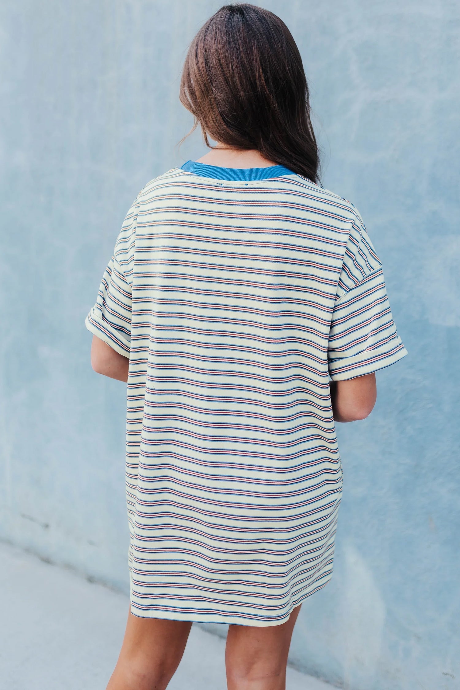 Stripe Drop Shoulder Cuffed Sleeve Loose Tunic T-Shirt Mini Dress