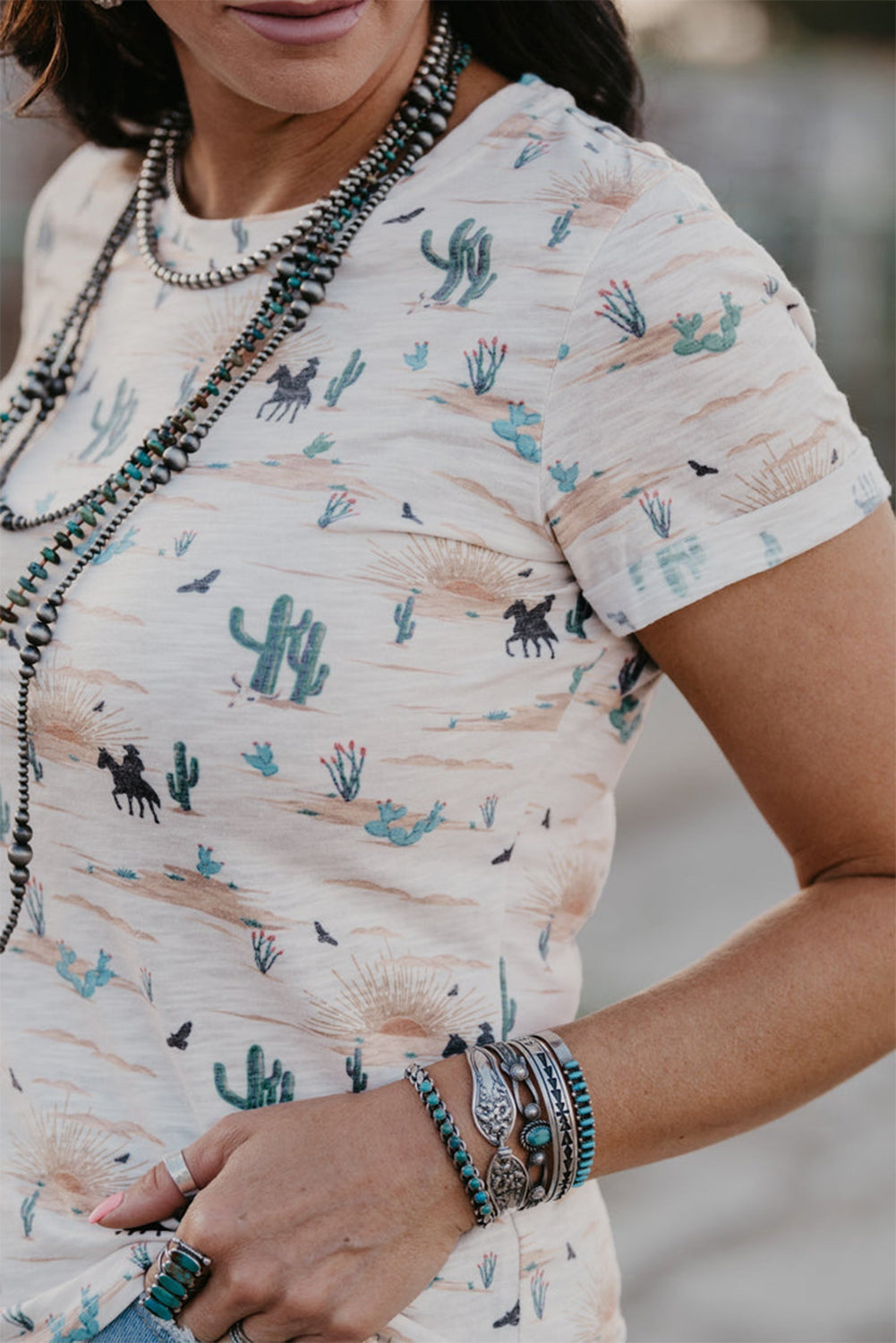 Cactus Print Crew Neck Short Sleeve T-Shirt