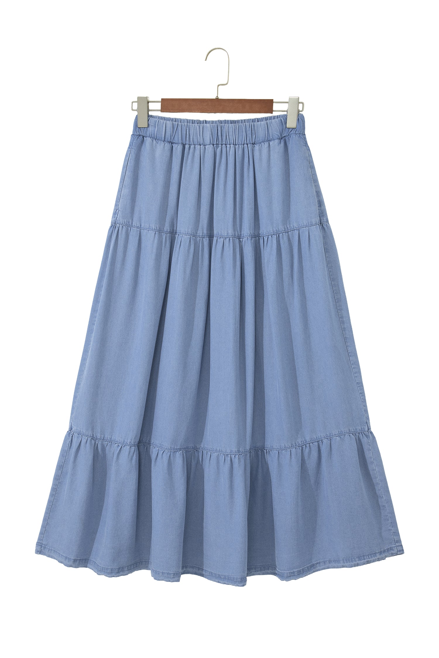 Elastic Waist Ruffled Tiered Flared Denim Maxi Skirt