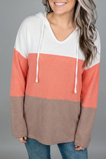Ribbed Colourblock Hooded Pullover Long Sleeve Top – Gold Flame