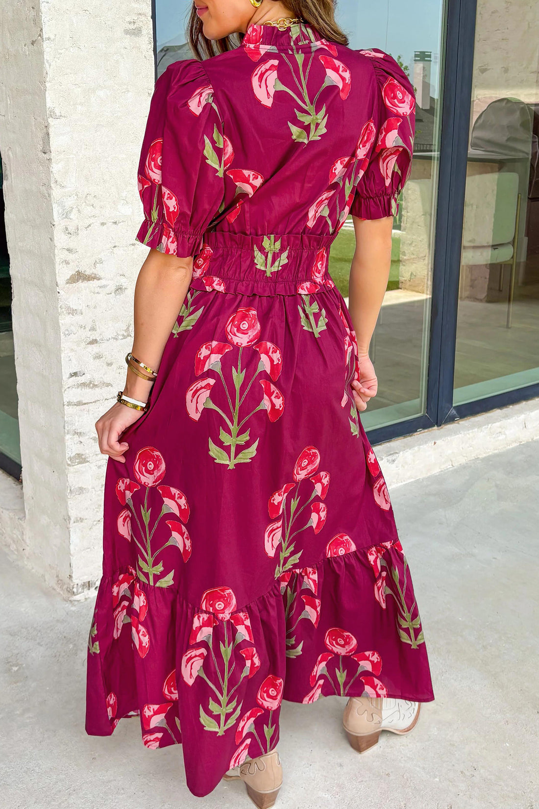 Floral Print Frilled V-Neck Short Sleeve Ruffle Maxi Dress