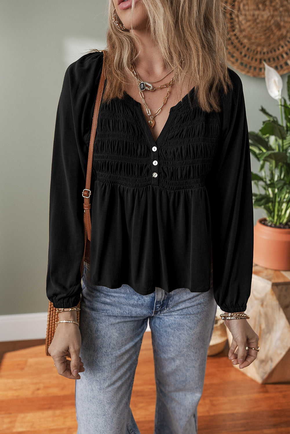 Smocked Bust Buttoned Split V Neck Flow Fit Blouse - eAura