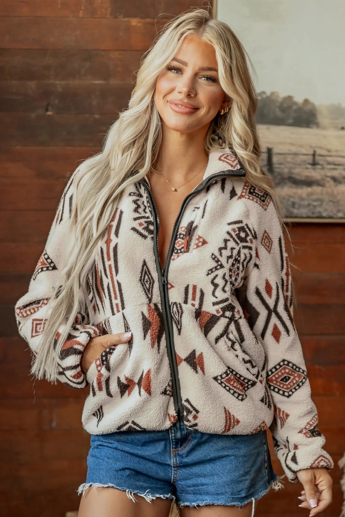 Geometric Print Long Sleeve Shirt Collar Zip-up Placket Binding Tape Jacket – Beige
