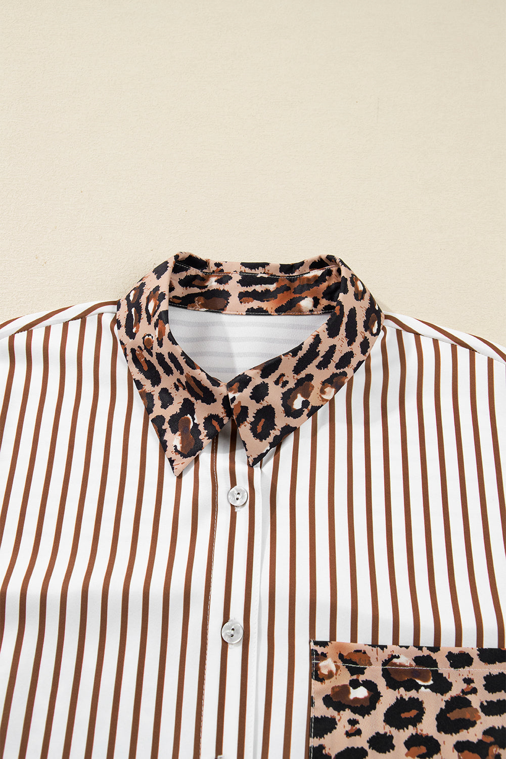 Stripe Contrast Leopard Patchwork Long Shirt Dress with Slits - eAura