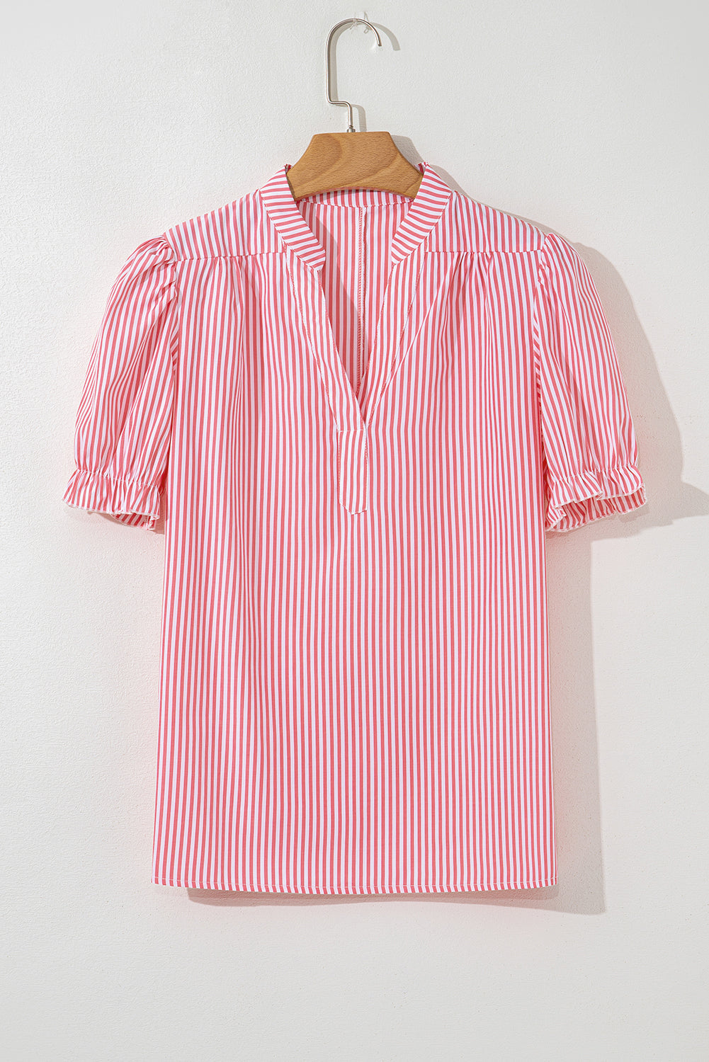 Pink Stripe Notched Neck Frilled Short Puff Sleeve Blouse eAura