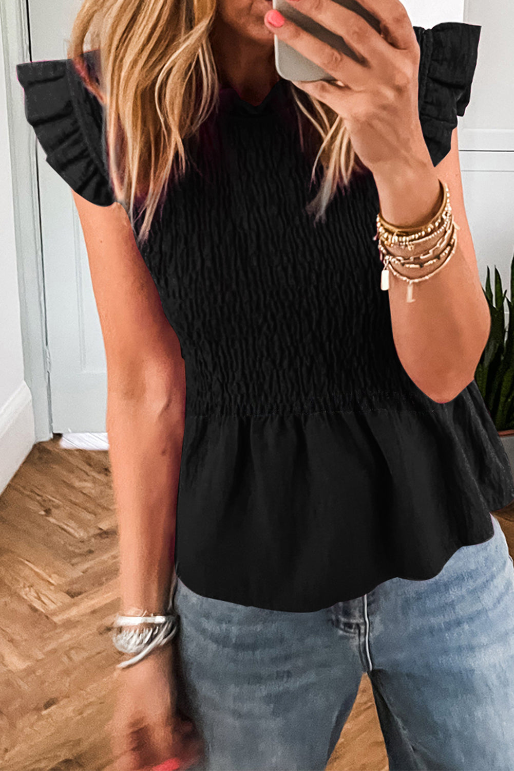 Black Ruffle Short Sleeve Shirred Peplum Top eAura