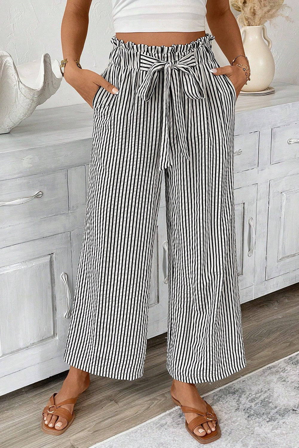 Stripe Tied High Waist Loose Straight Casual Pants - eAura