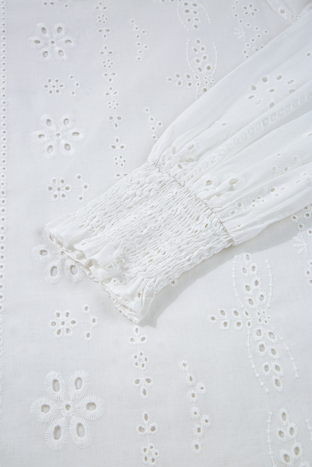 White Eyelet Embroidered Smocked Cuff Sheer Blouse Dear-Lover Dropshipping