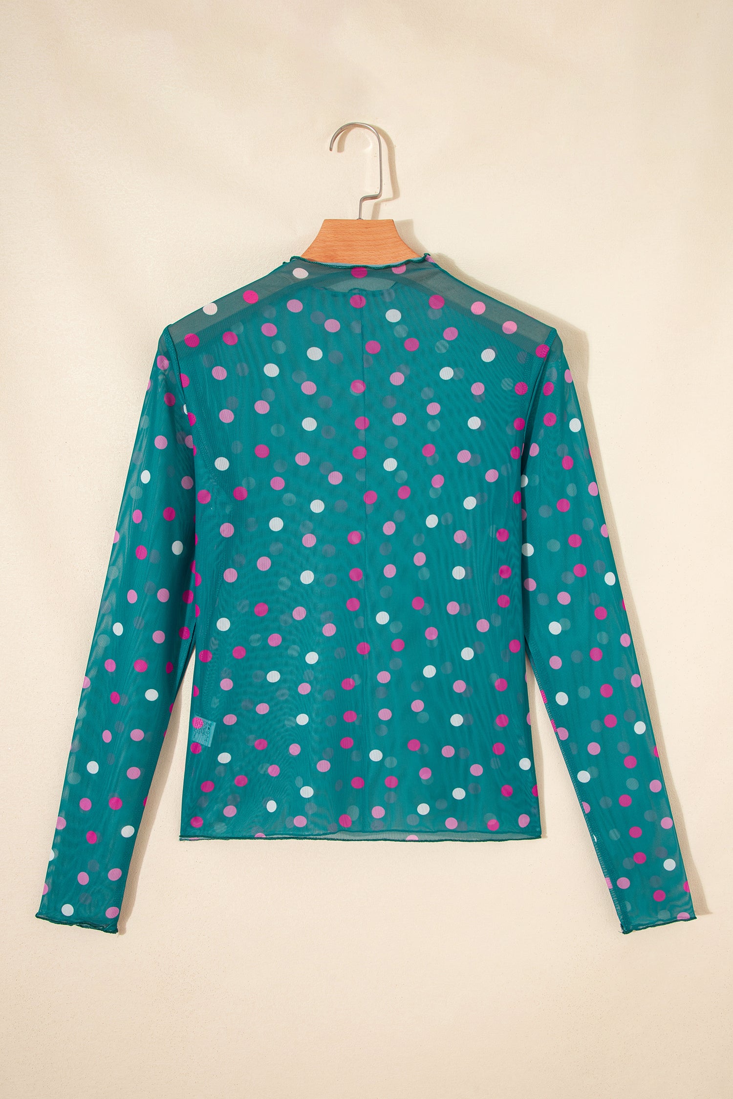Polka Dot Bodycon Mock Neck Mesh Long Sleeve Top