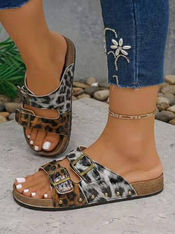 Leopard Two-tone Retro Buckle Straps Hollowed Faux Suede Sandals