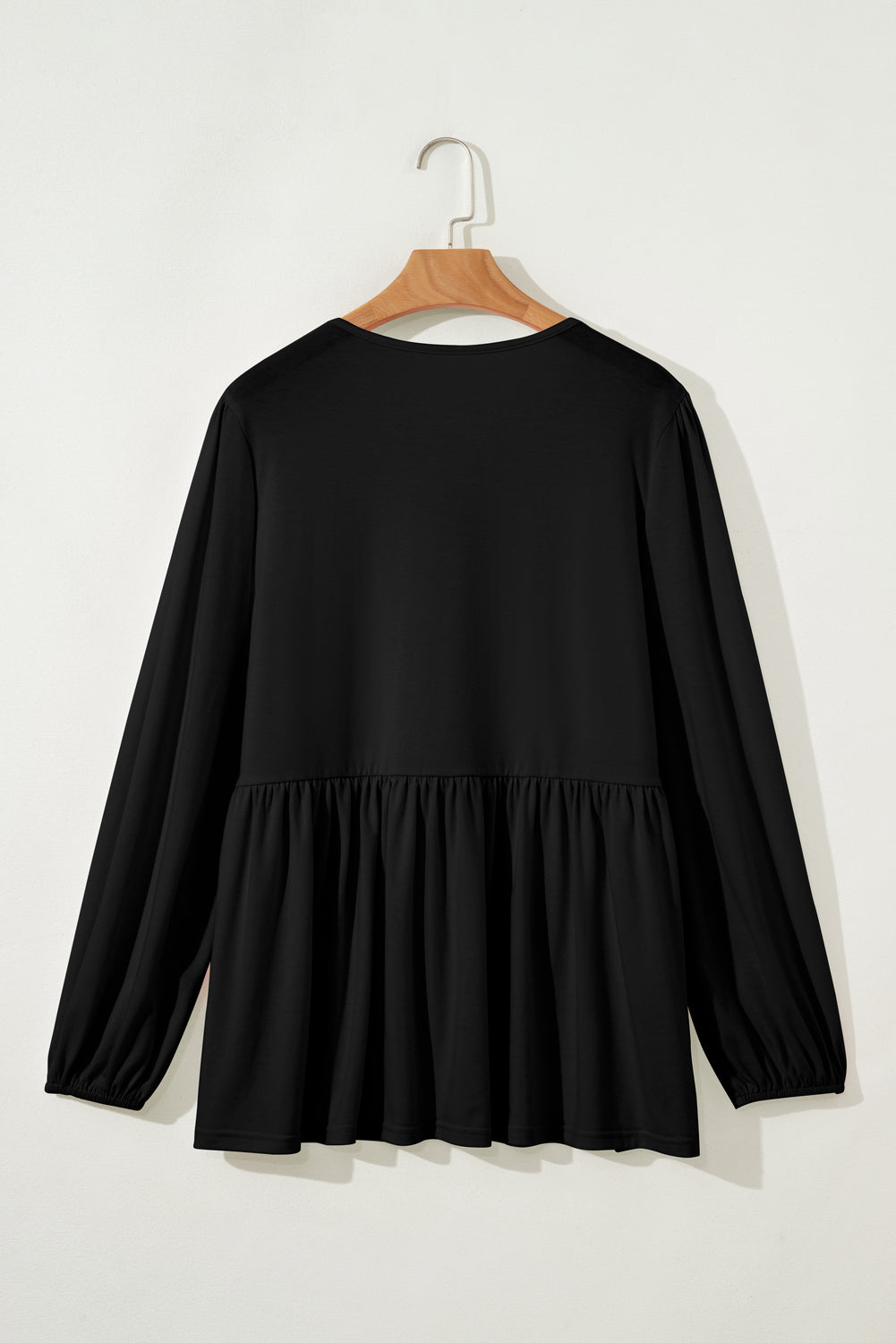 Solid Color Bow Tie Front Long Sleeve Plus Size Peplum Blouse – Black