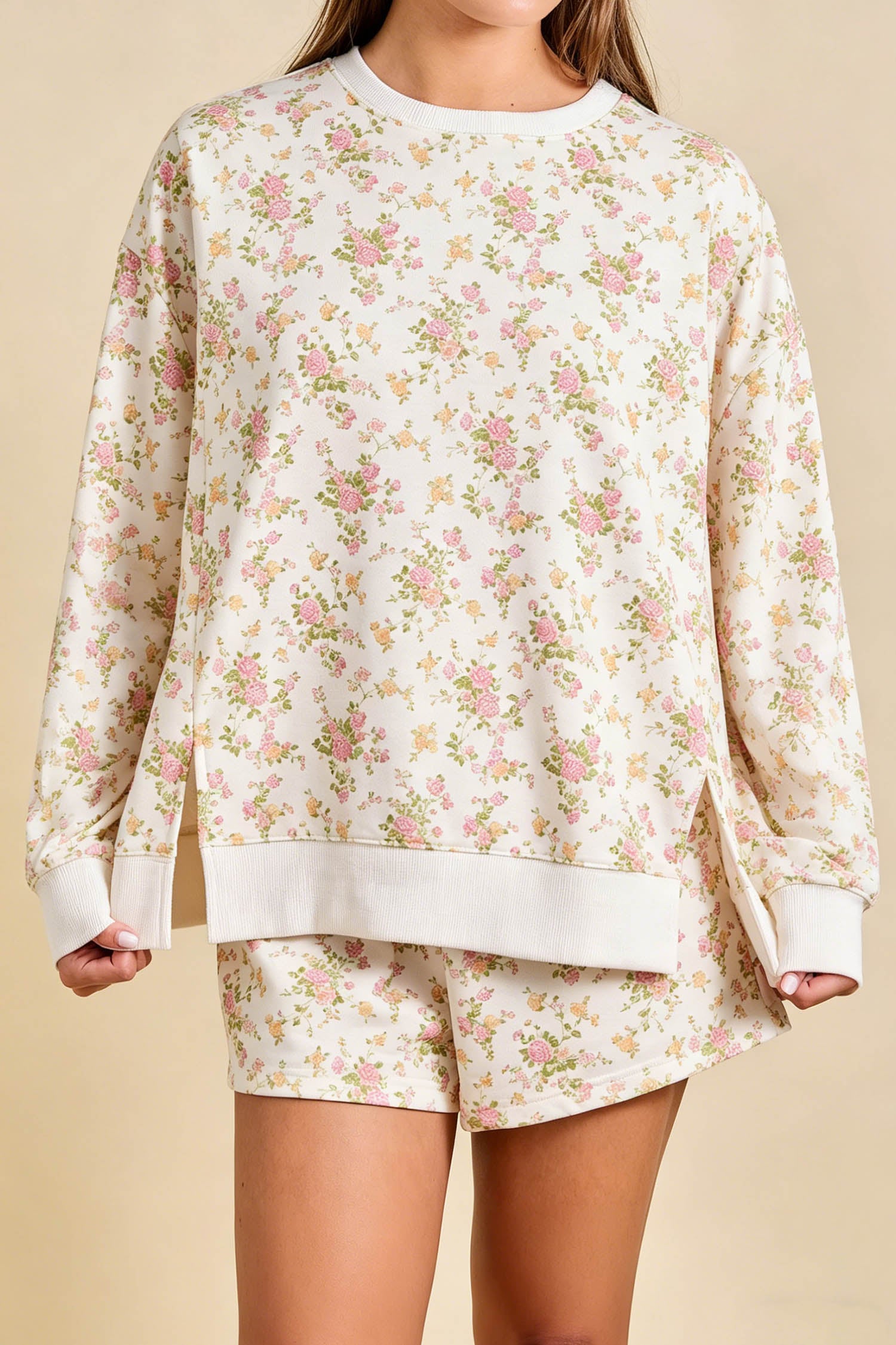 Floral Print Long Sleeve Shift Top Pocketed Shorts 2pcs Set – Beige