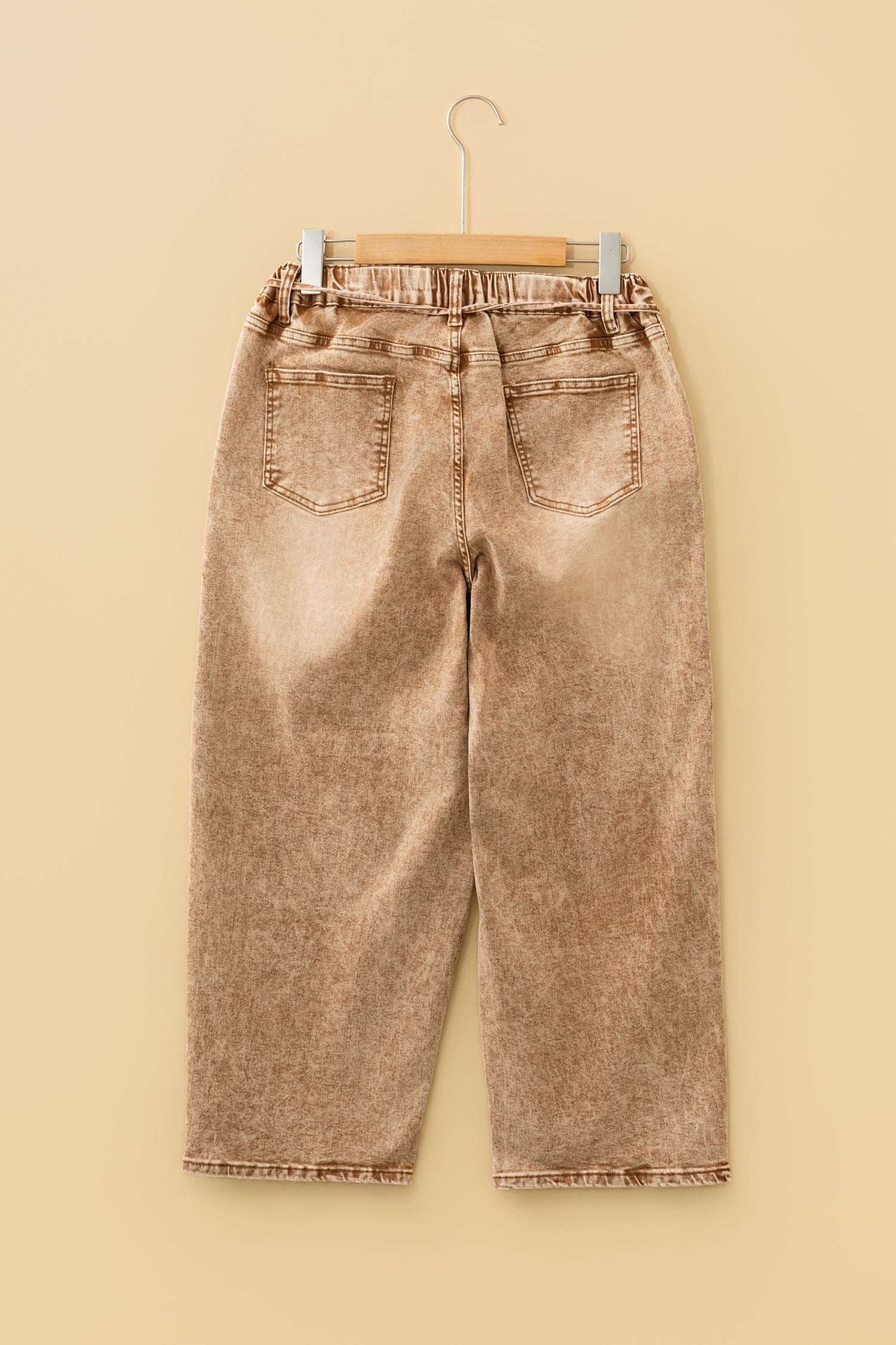 Gray Acid Wash Tie Waist Denim Pants