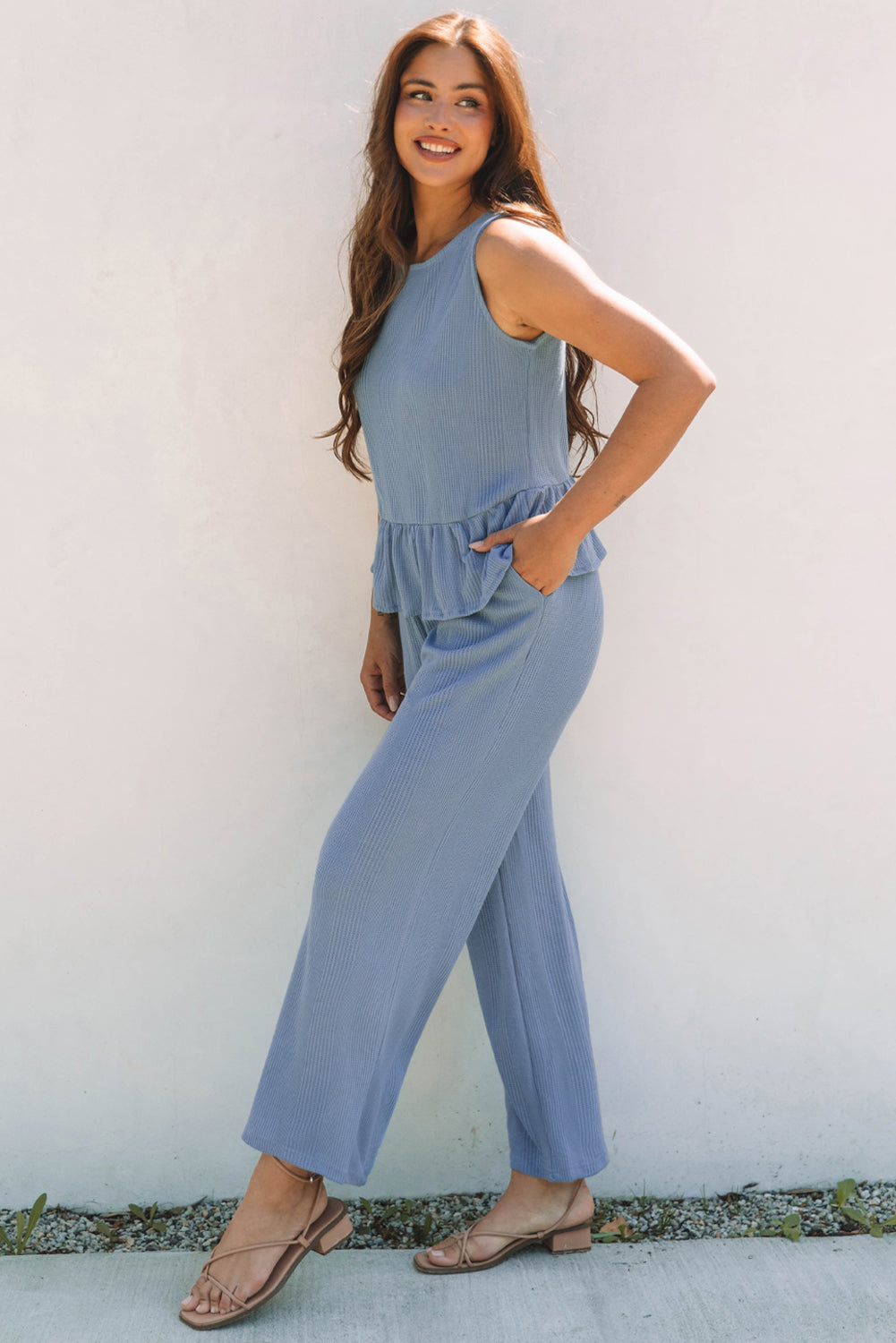 Beau Blue Ribbed Ruffle Tank Top and Trousers Set eAura
