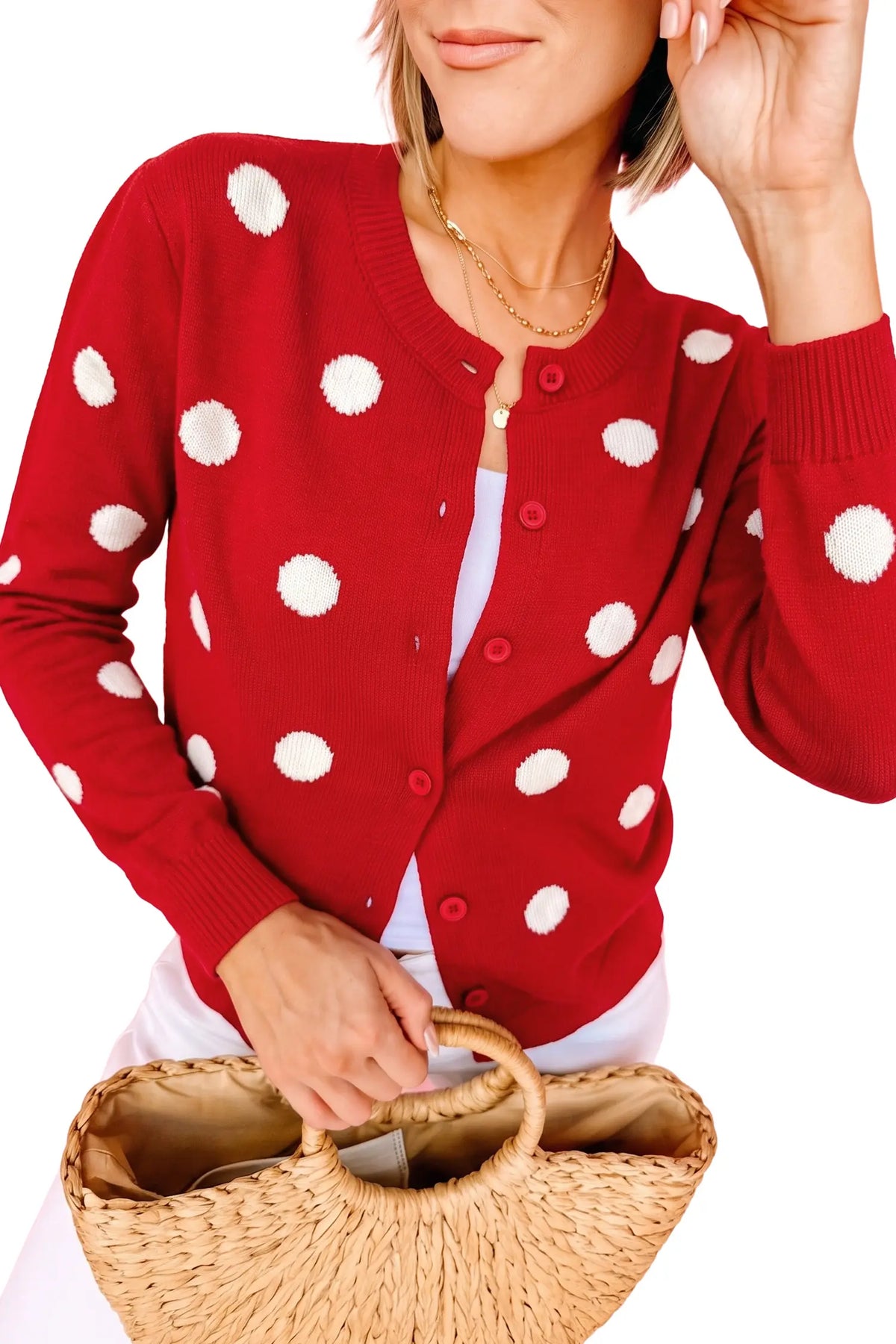 Casual Polka Dot Button Front Long Sleeve Sweater Cardigan