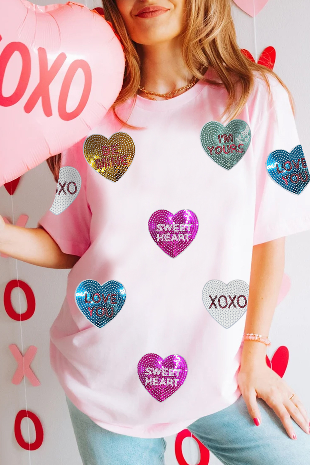 Pink Sequin Valentines Lettering Heart Patched Crewneck T Shirt eAura