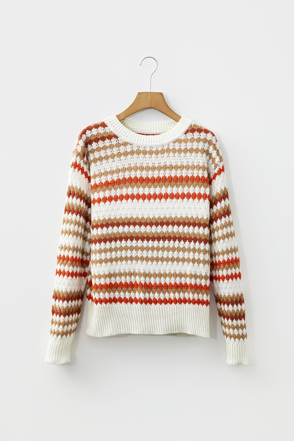 Striped Eyelet Patterned Drop Shoulder Knit Sweater - eAura