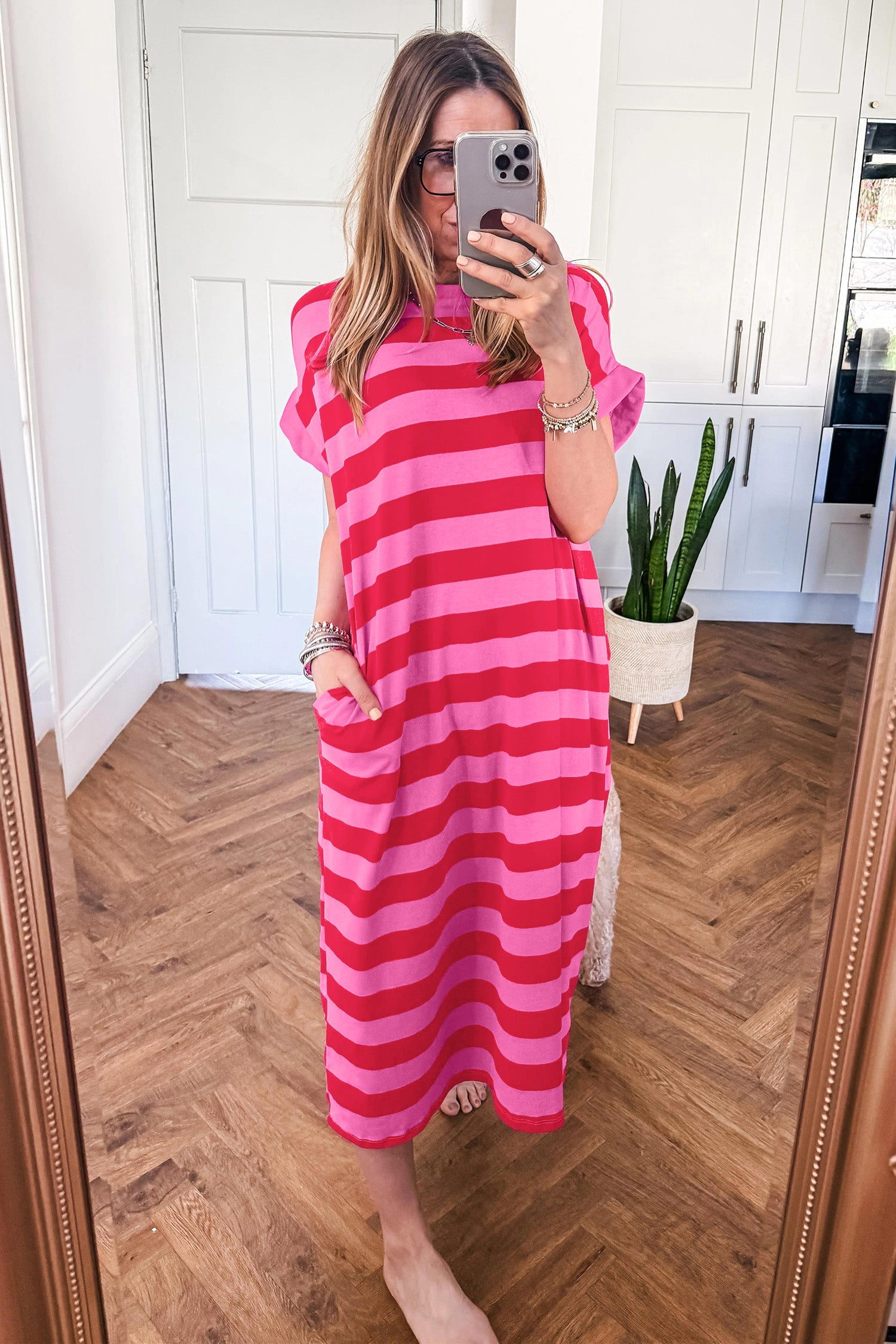 Cuffed Short Sleeve Pocketed Casual T Shirt Long Dress – Rose Stripe