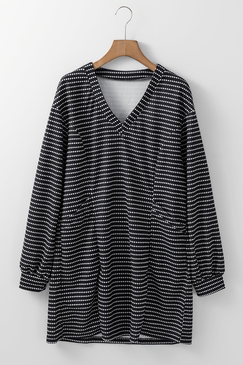 Black Striped V Neck Long Puff Sleeve Shift Dress eAura