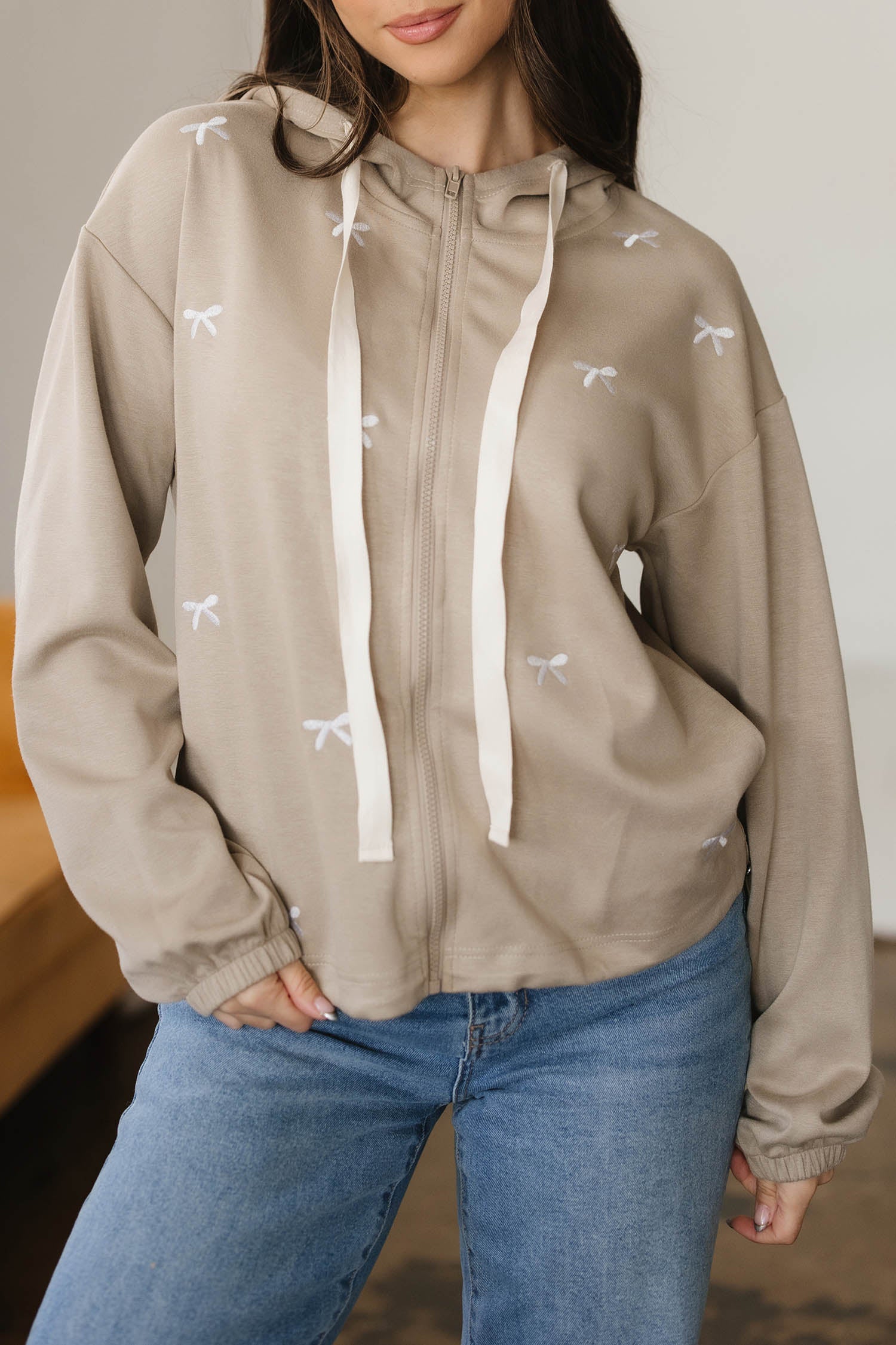 Bow Embroidered Zip Up Jacket Hoodie - Tops/Sweatshirts & Hoodies