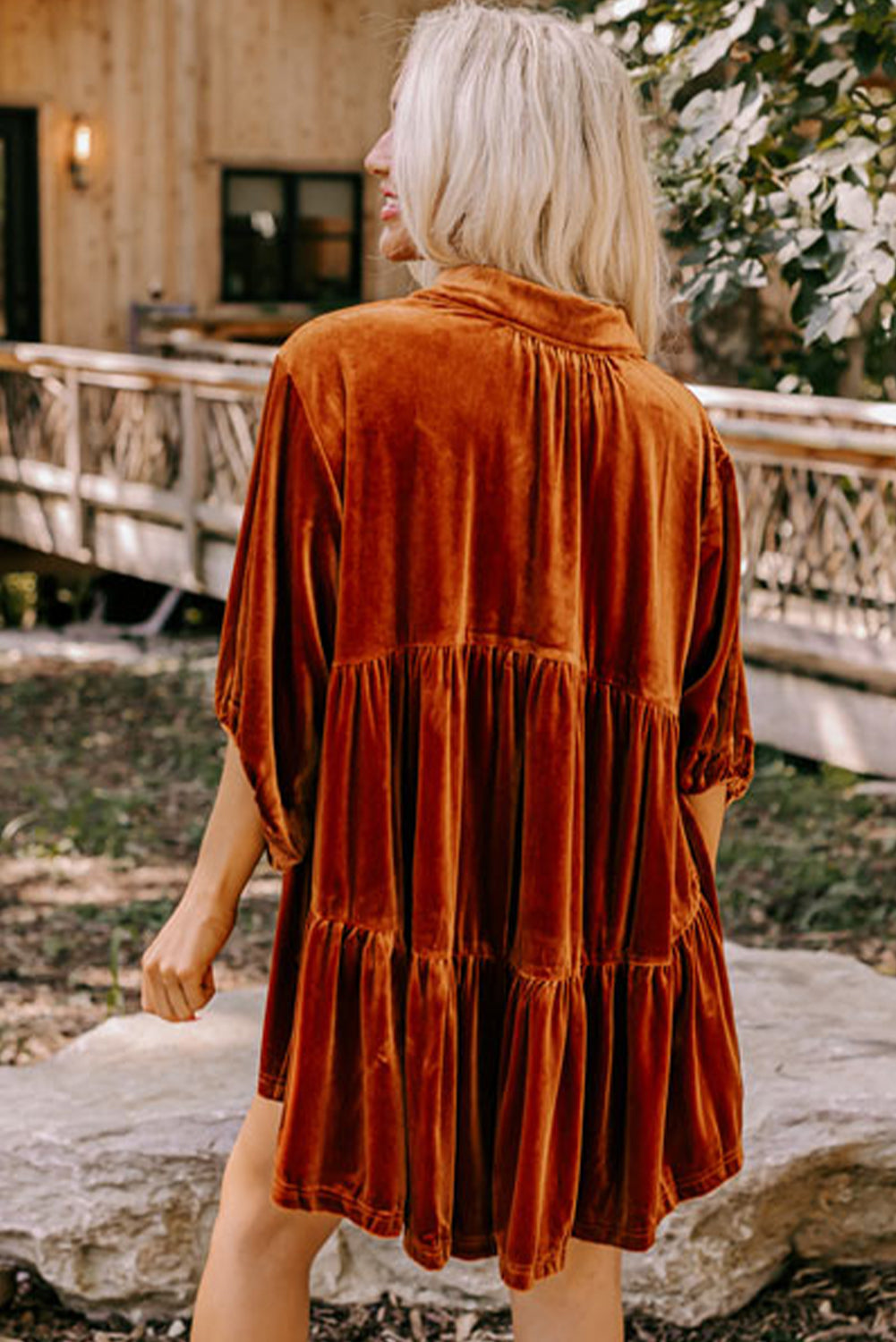 Chestnut 3/4 Sleeve Tunic Babydoll Velvet Shirt eAura
