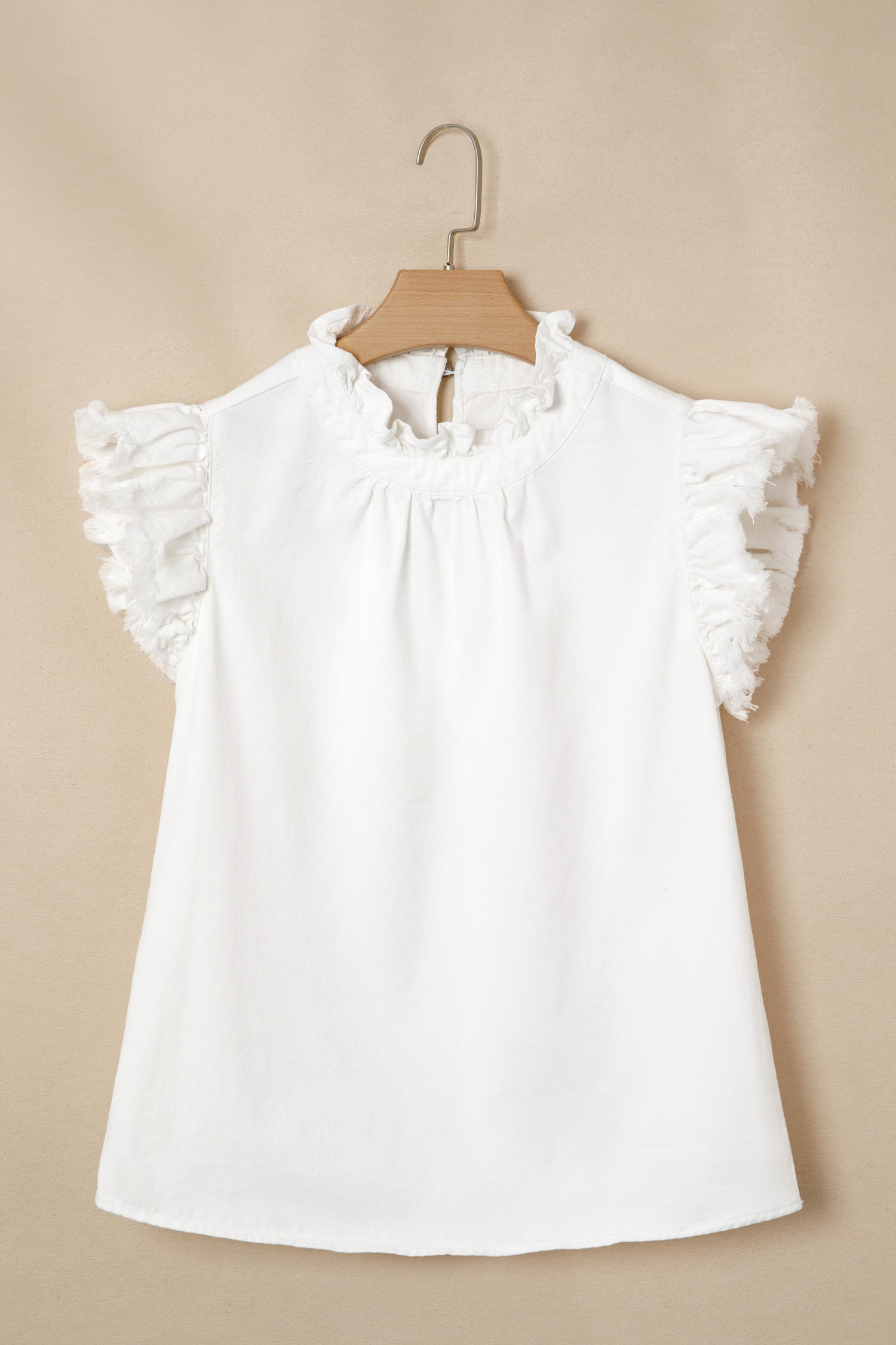 Frilled Collar Flutter Sleeve Denim Top – White