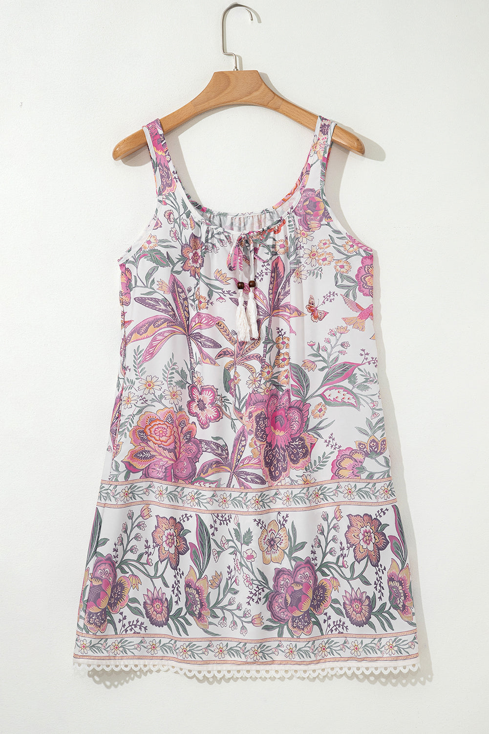 Multicolour Floral Print Fringed Tie U Neck Sleeveless Mini Dress eAura