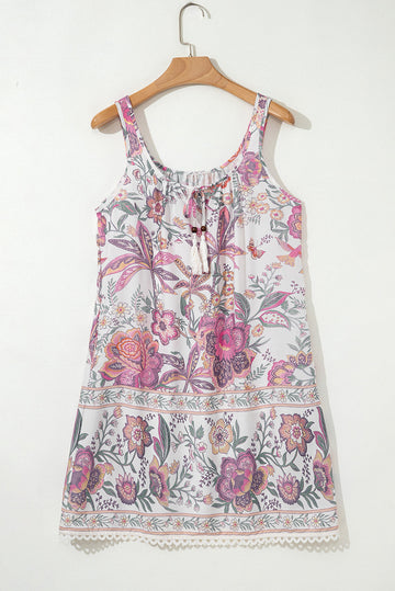 Multicolour Floral Print Fringed Tie U Neck Sleeveless Mini Dress - Dresses/Floral Dresses