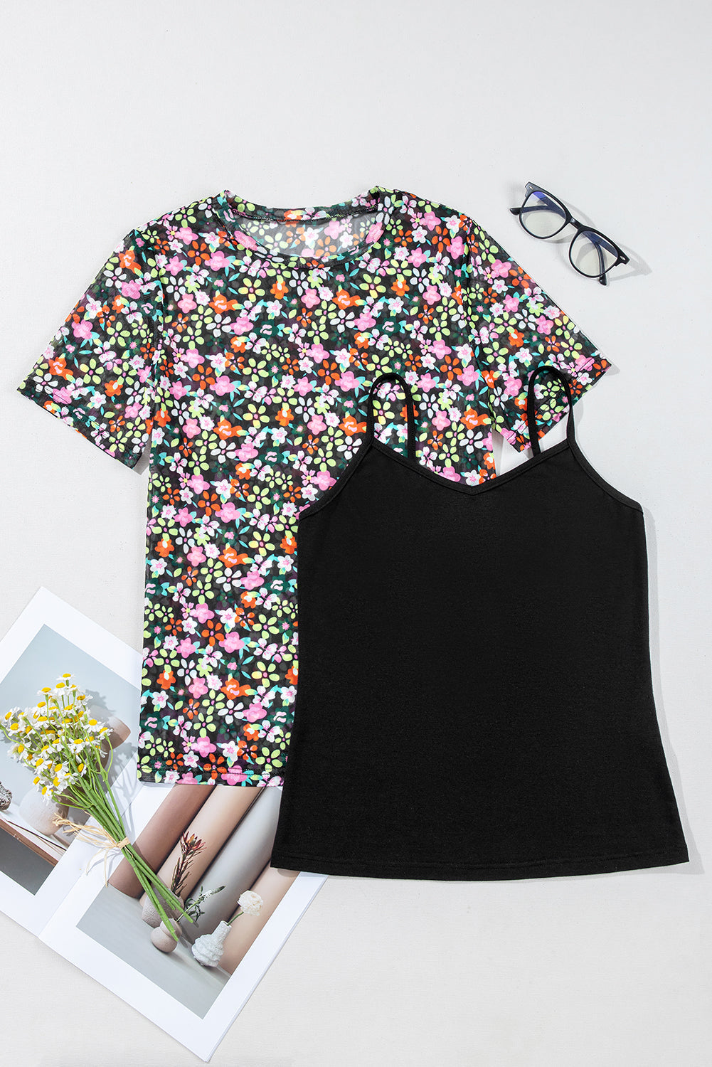 Black Sheer Floral Mesh Round Neck T-Shirt eAura