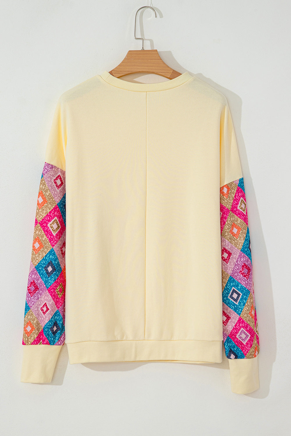 Geometric Print Patchwork Long Sleeve Round Neck Top – Beige