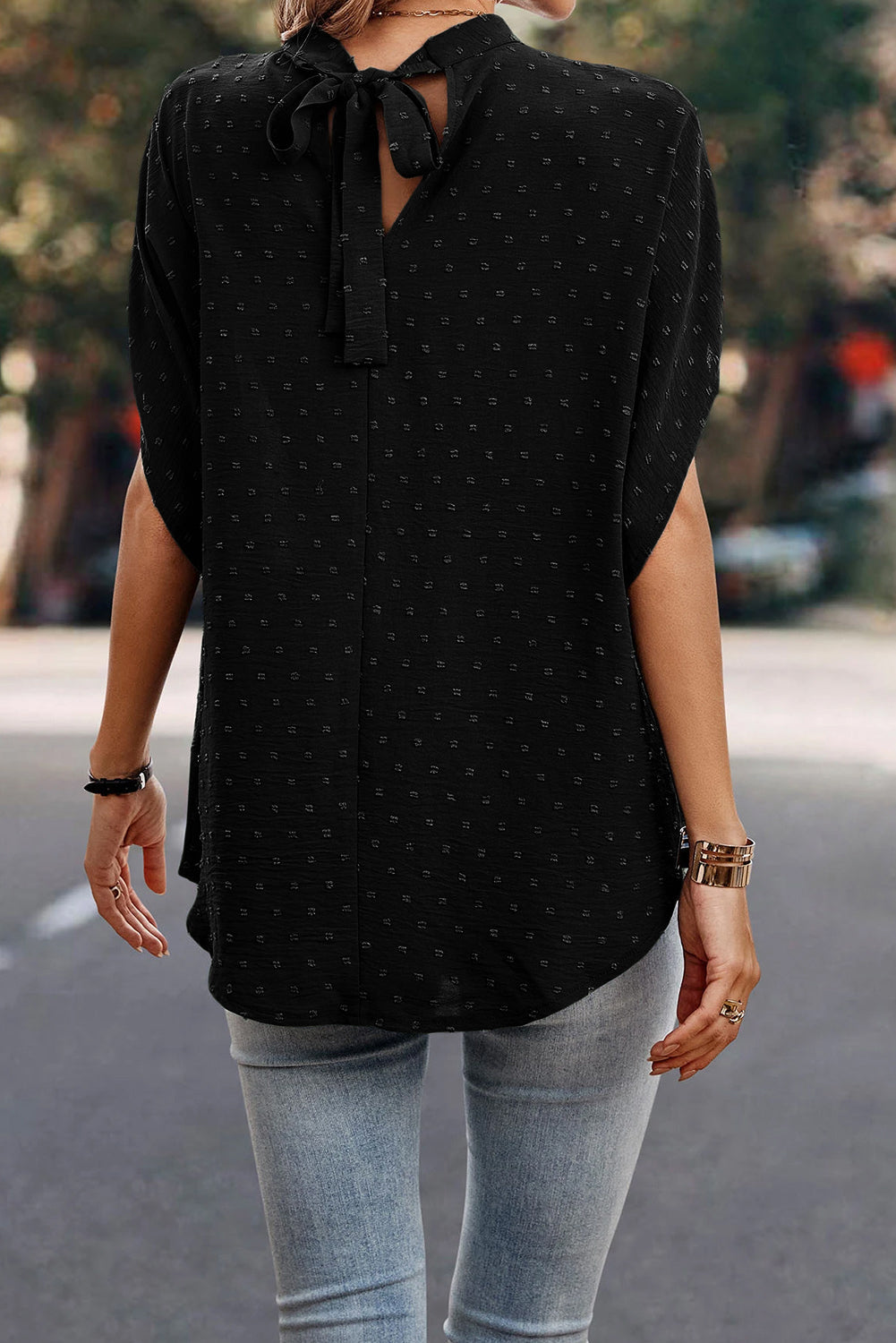 Mist Green Swiss Dot Mock Neck Batwing Sleeve Blouse BB Fashion Outlet